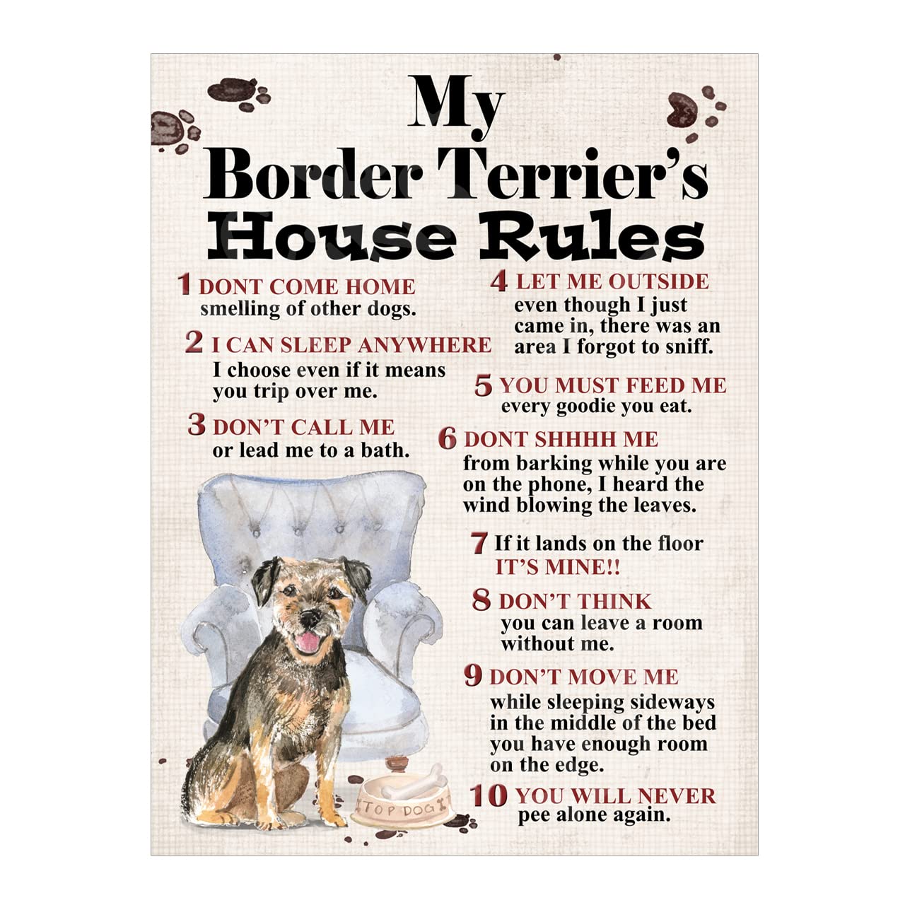 Metal Sign Plaque Dog House Rules My Border Terrier's Pet10x8in ref8235