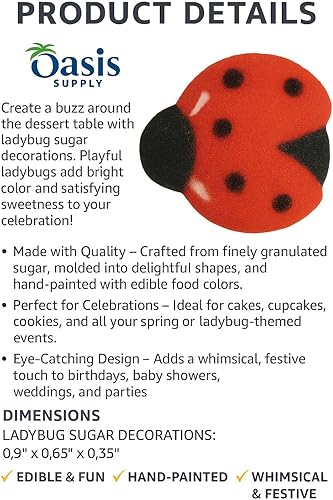 Miniatura 3 de Oasis Supply Decoración comestible de mariquita de azúcar – Juego de 12 piezas – Decoraciones pintadas a mano en rojo y negro para pasteles,