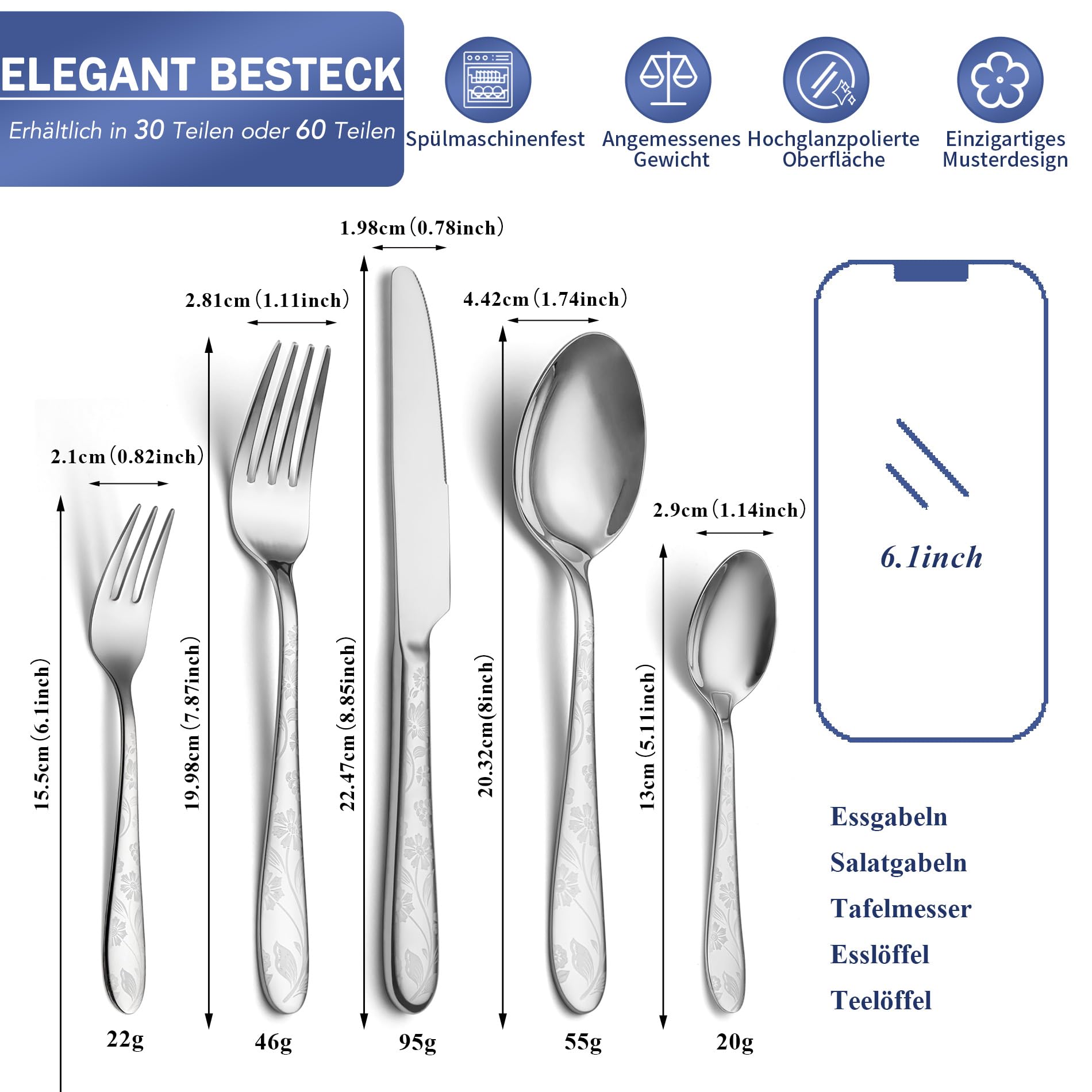 Besteck Set 6 Personen, 30-teiliges Edelstahl Besteckset mit einzigartigem Musterdesign, Essbesteck mit Messer Gabel Löffel, Tafelbesteck für Haus/Küche, Hochglanzpoliert, Spülmaschinenfest
