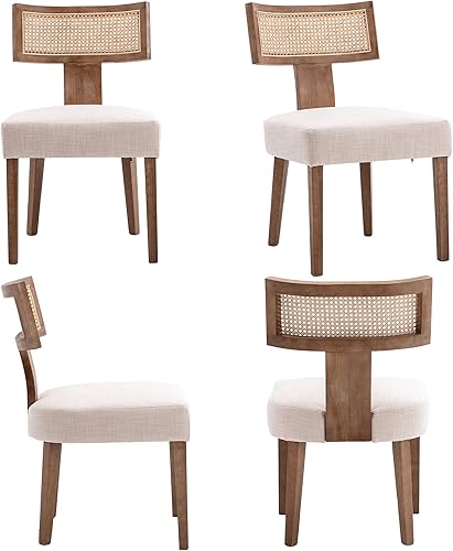 Miniatura 7 de VESCASA Sillas de comedor tapizadas de lino con patas de madera natural, sillas de comedor acolchadas con respaldo abierto curvado de ratán para