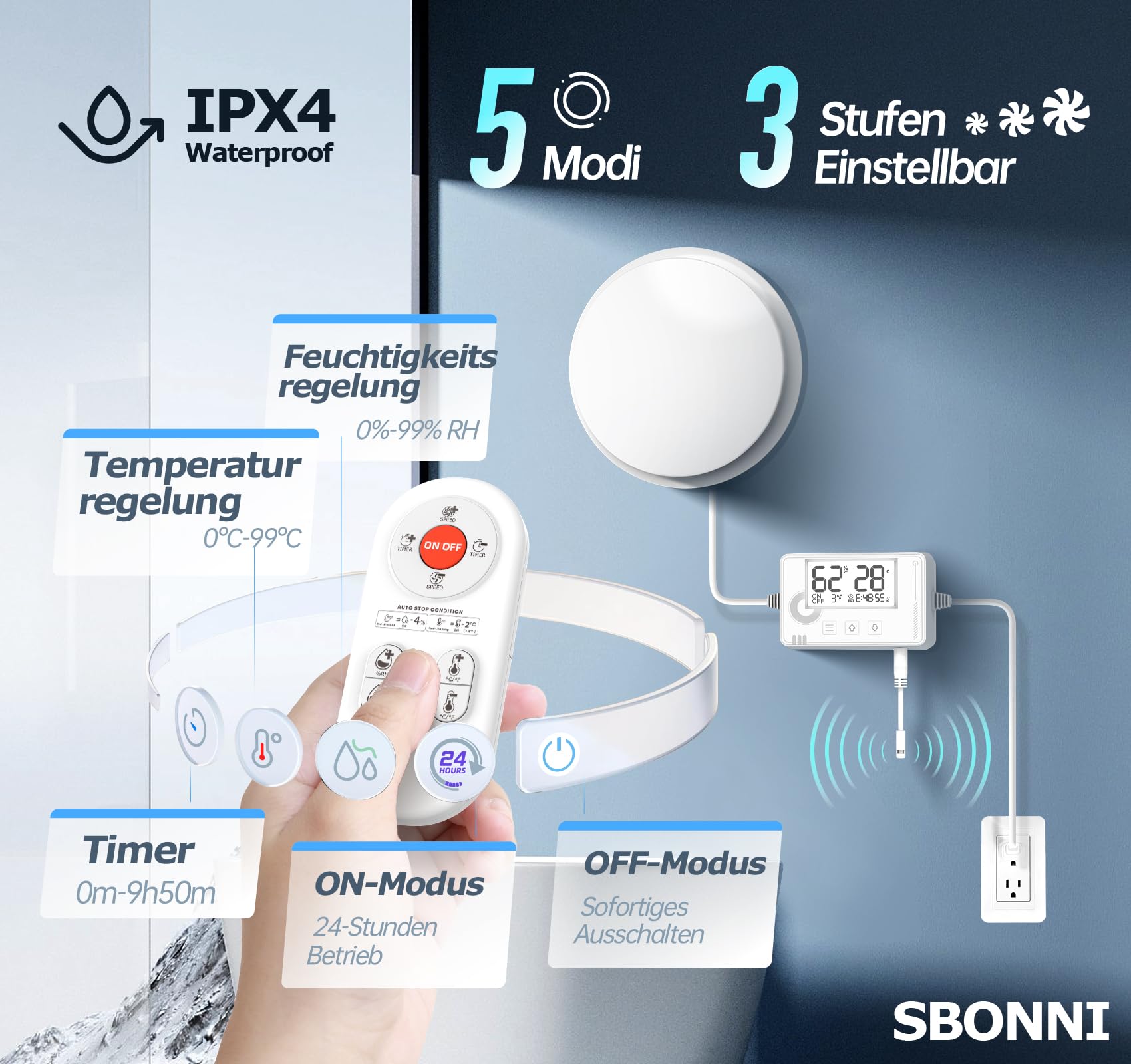 3 Stufen Bad Lüfter mit Feuchtigkeitssensor Temperatursensor Timer, Badlüfter 100mm mit Fernbedienung, Echtzeit Anzeige Feuchtigkeit und Temperatur, Leistungsstark Leise Abluftventilator P109