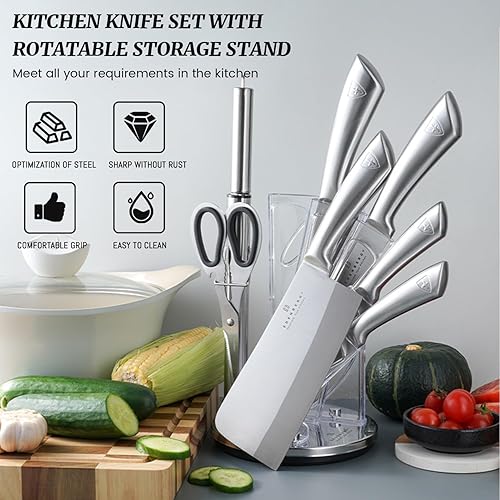 Miniatura 3 de Juego de cuchillos de cocina de 9 piezas con revestimiento antiadherente, acero inoxidable con afilador para cortar, cortar en trozos y picar