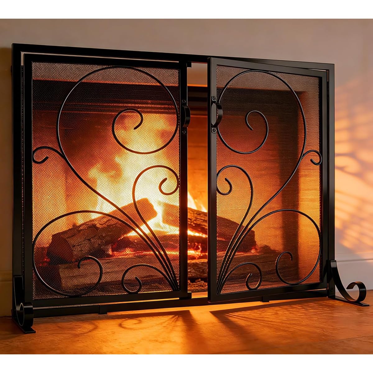 Protector Chimenea Plano con Puertas De Hierro Forjado, Malla Metálica Salvachispas Chimenea, Pantalla Decorativa con Diseño De Rollos para Chimeneas De Hogar
