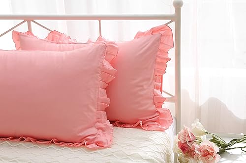 Miniatura 8 de Juego de 2 fundas de almohada de algodón de 20 x 36 pulgadas con dobladillo, color rosa coral y volantes, tamaño King