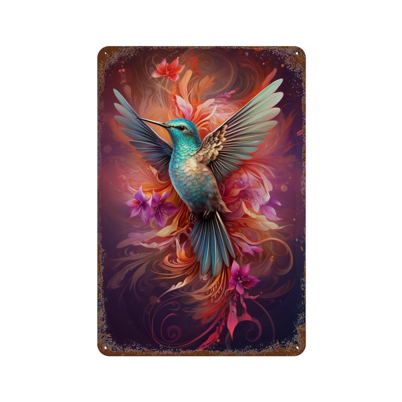 Hummingbird with Flowers Art Print Distressed Metal Wall Sign 11.8"x7.9", Ideal for Pub, Kitchen And Man Cave Decor