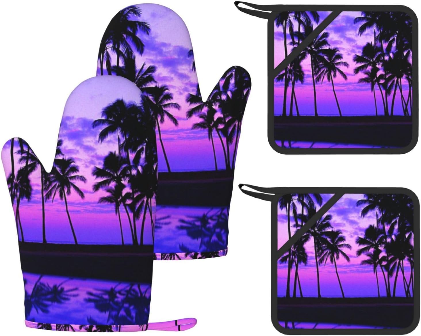 Palm Tree Purple Sunset Oven Mitts and Pot Holders Set of 4 Heat Resistant Kitchen Gloves with Silicone Palm Hot Pads for Baking Cooking Grilling BBQ