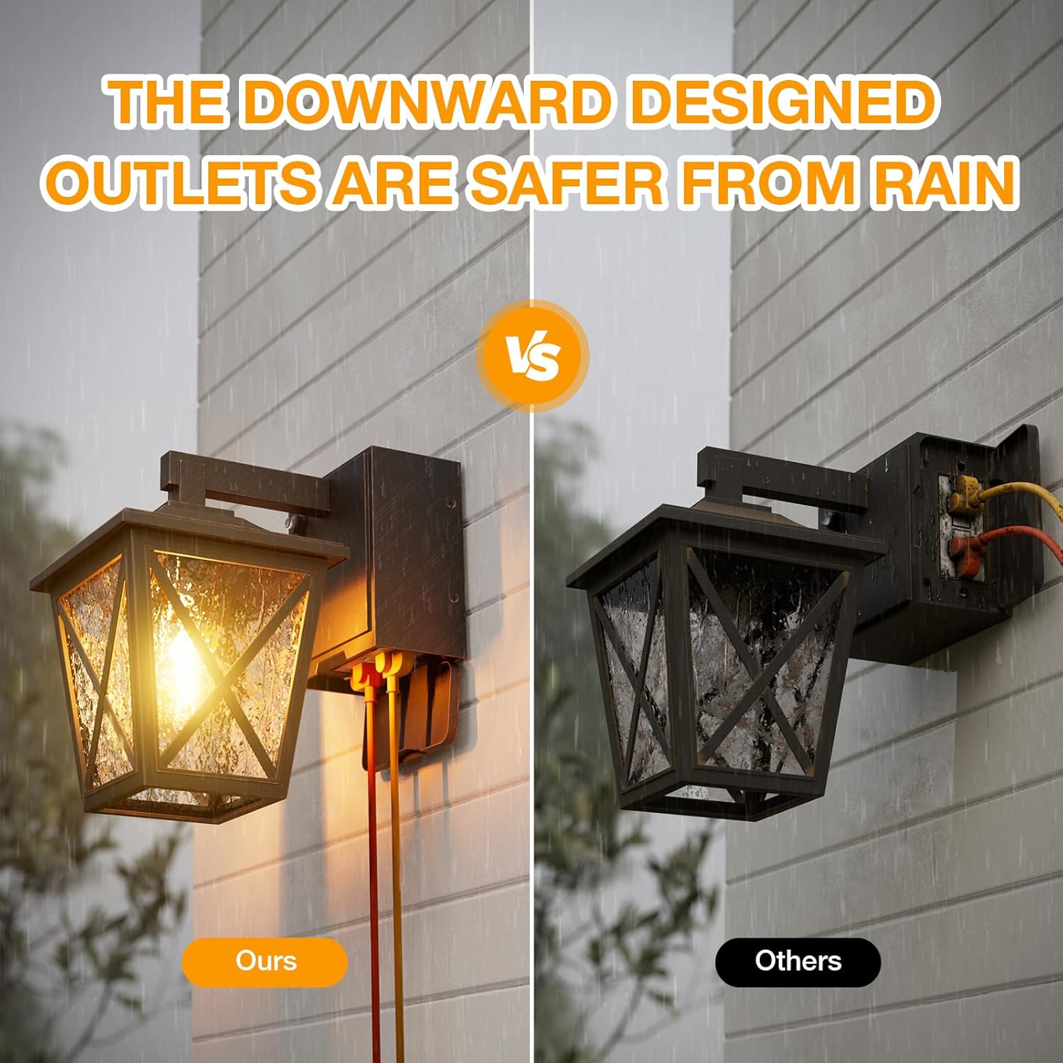 Ehaho Porch Light with a downward-designed GFCI outlet, illustrating how it provides better protection against rain compared to upward-facing outlets.