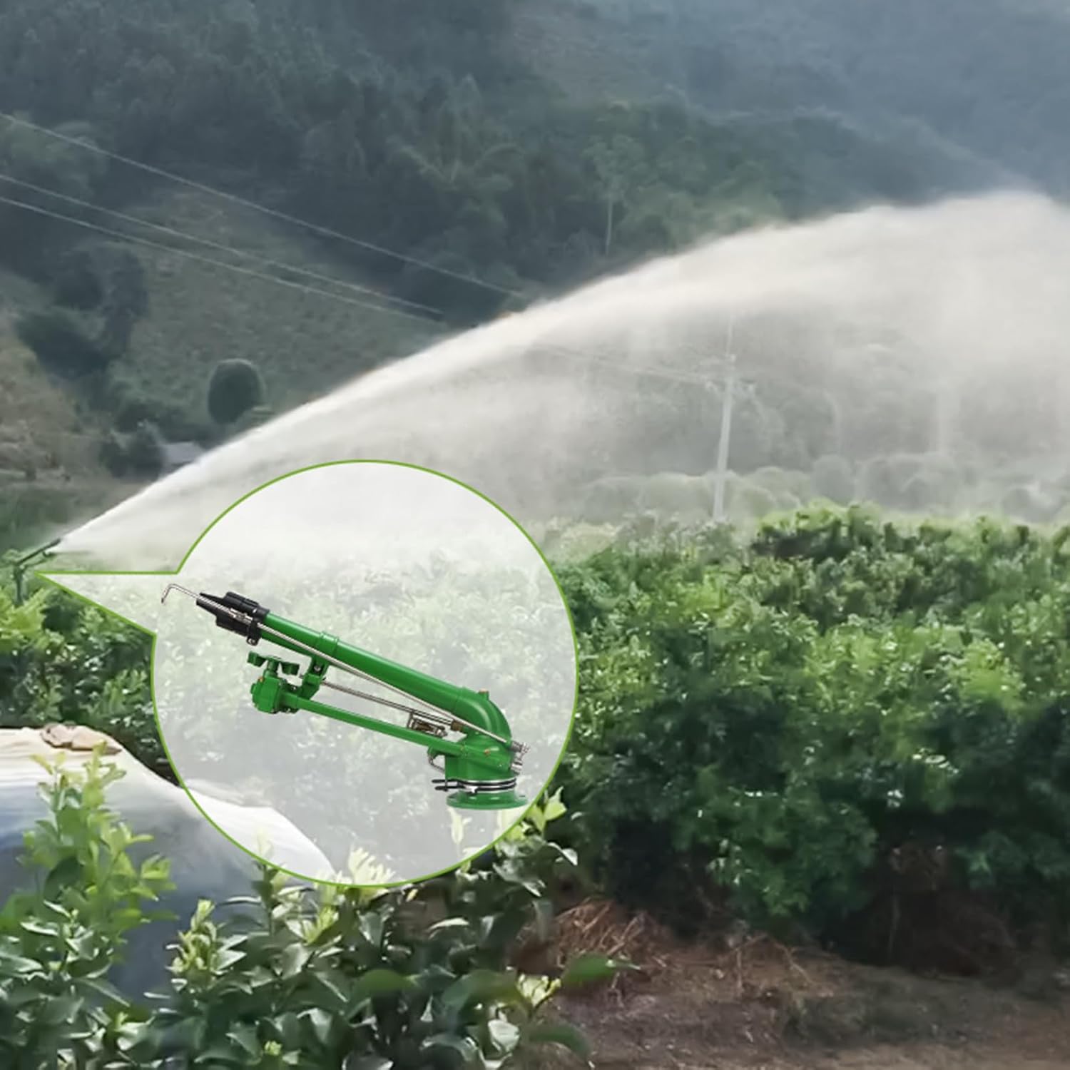 Agricultural Irrigation Nozzle, 2" Irrigation Spray Gun Sprinkler, 26-53M Range 360° Adjustable Water Sprinklerwith Replaceable Nozzle, for Farms, Dust Removal, Cooling