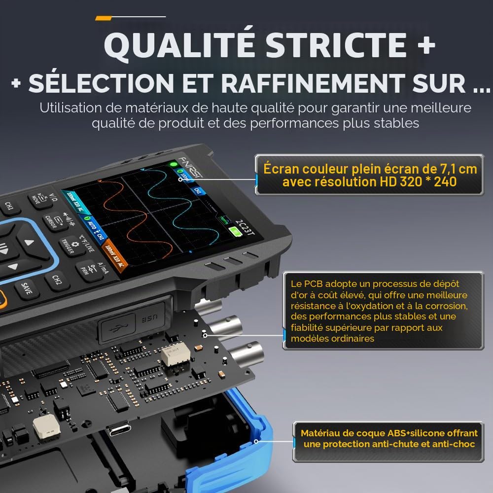 Oscilloscope Multimètre 3 en 1 Oscilloscope USB Oscilloscope 2 canaux 10 MHz Bande passante 50 MSa/s Taux d'échantillonnage 9999 comptes avec sonde Pince crocodile rouge noire Stylo multimètre