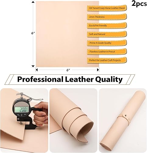 Miniatura 2 de JinRuiKJ Cuadrado de cuero de grado A de 0.06 a 0.079 pulgadas de grosor, piezas de cuero curtido vegetal precortadas de 6 x 6 pulgadas, 2 piezas,
