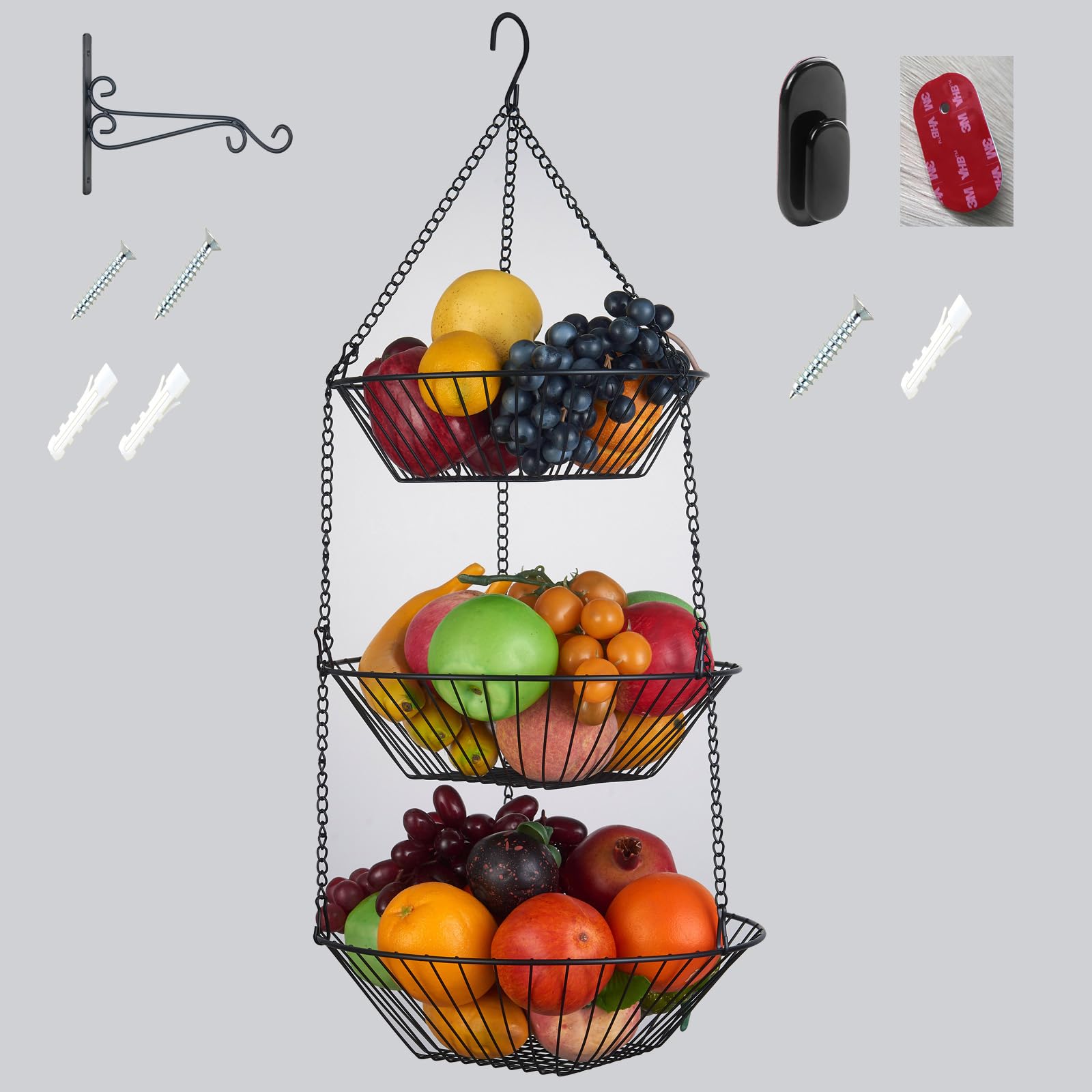 Cesta colgante de frutas de alambre de 3 niveles, cesta organizadora de almacenamiento de cocina, calcomanía sin costuras 3M y gancho de pared en S, adecuada para baño, cocina, armario 3