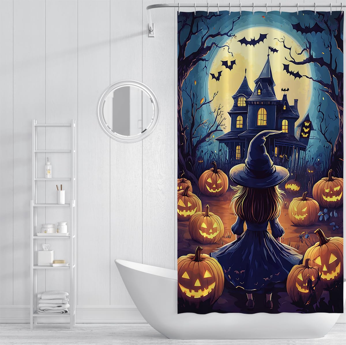 Gothic Witch Duschvorhang Spooky House Halloween Pumpkin Blue 150x180cm