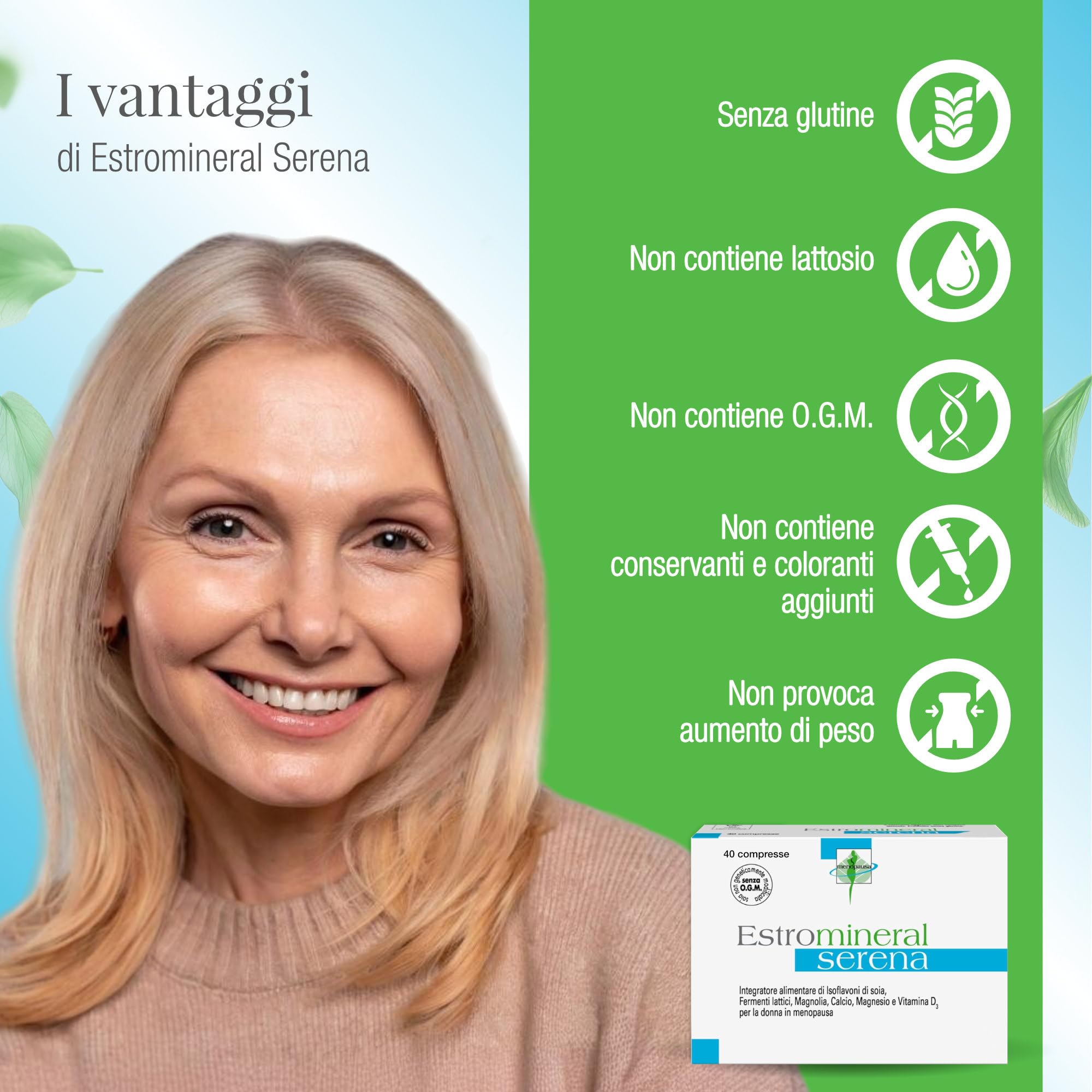 Estromineral Serena, 40 Compresse, Integratore Menopausa con Isoflavoni di Soia, Fermenti Lattici, Magnolia, Calcio, Magnesio e Vitamina D3, Senza Glutine e Senza Lattosio