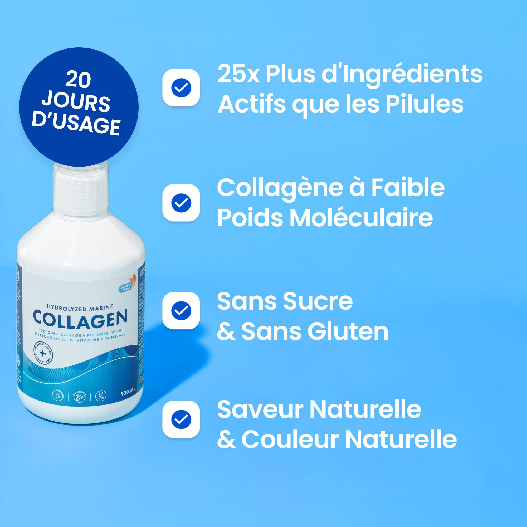 Swedish Nutra Collagène Marin 10.000 mg Liquide, 500 ml, 20 jours | Collagène marin 10 000 mg avec acide hyaluronique, biotine et vitamine C pour cheveux, peau, ongles et articulations