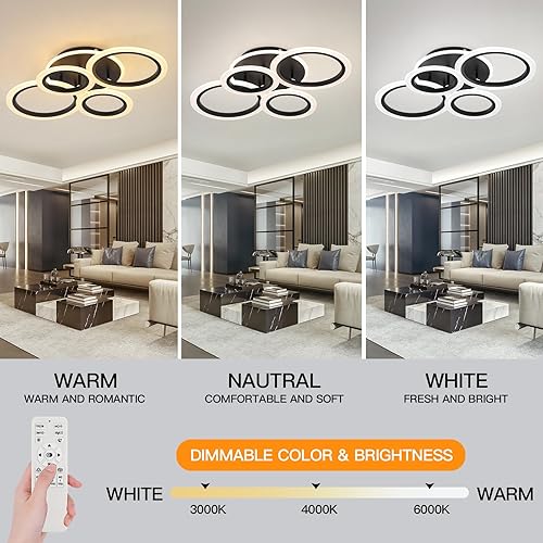 Miniatura 5 de STCH Lámpara de techo LED moderna, regulable 3000 K4000 K6500 K, luz de techo negra de 4 anillos, lámpara de techo con control remoto, lámpara de