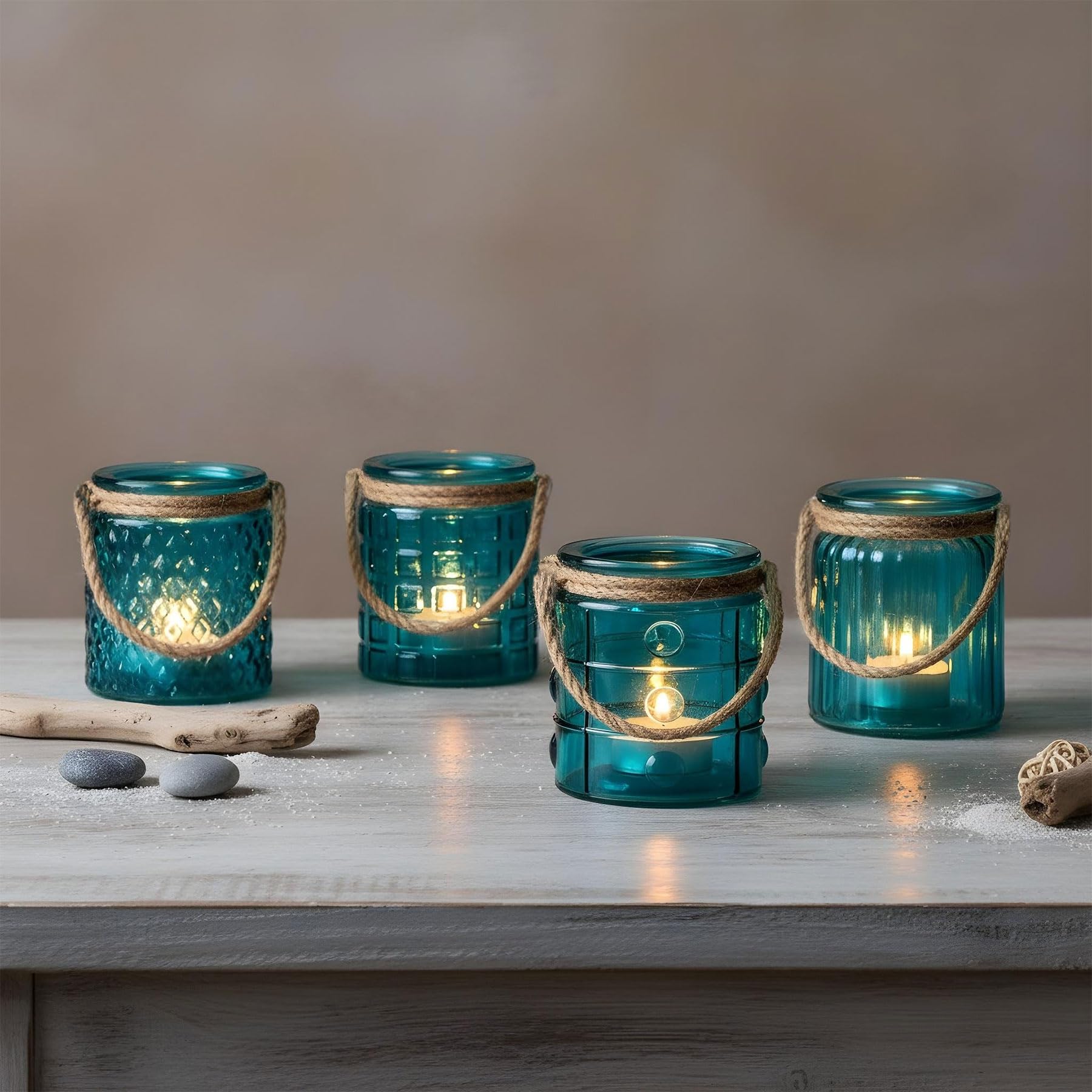 Teelichthalter Glas – Vierer-Set – Türkis, Retro-Stil