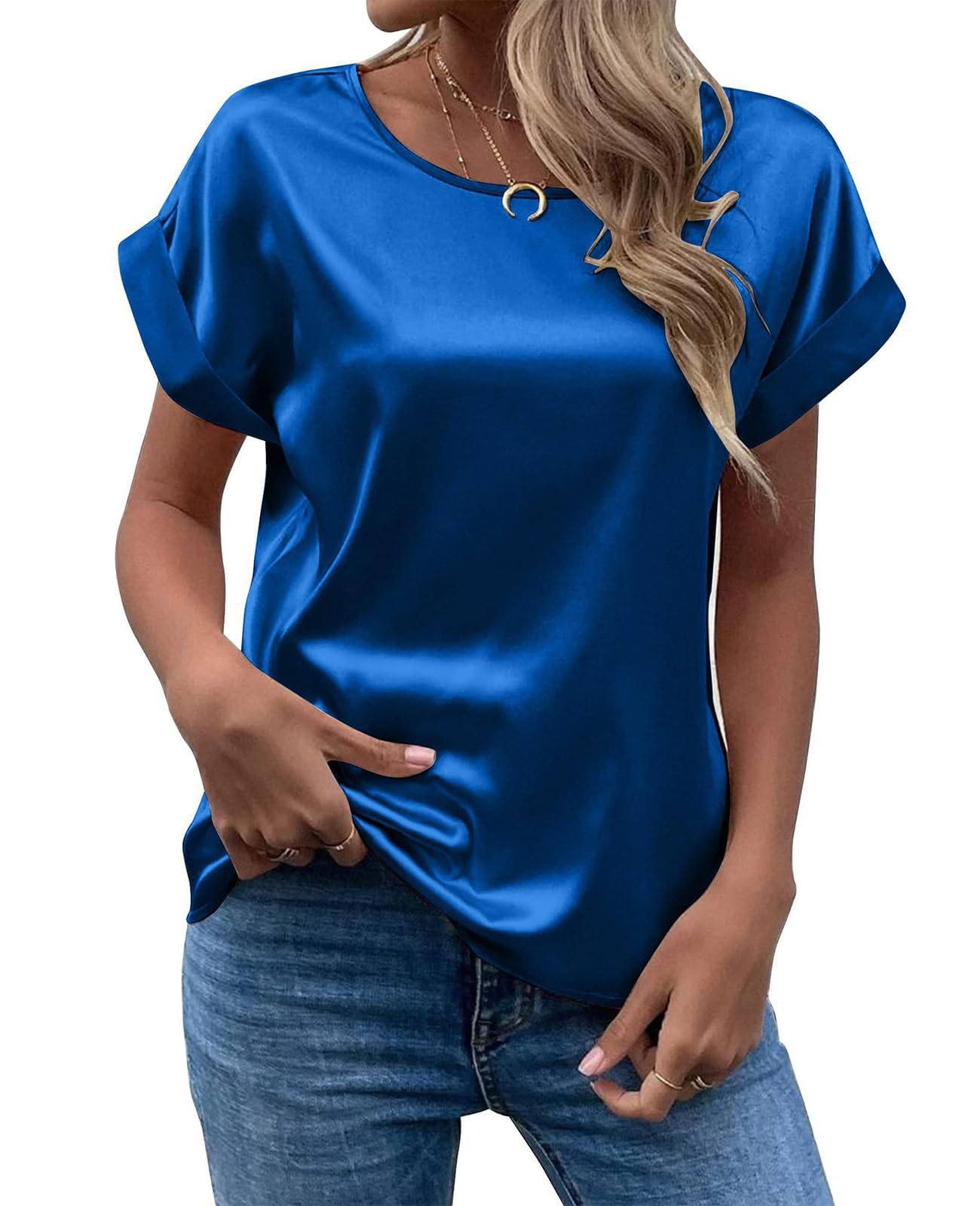 MINTLIMIT Women's Short Sleeve Satin Blouses Crewneck Pullover Blouses Casual Silk Shirts Work Office Tunic Tops