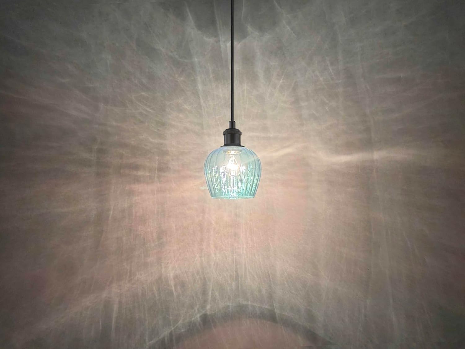 Leading Lighting 1 Light Pendant Light Hanging Modern Farmhouse Indoor Fixture 6" Blue Textured Glass Black Finish Dinning Over Sink Kitchen Island