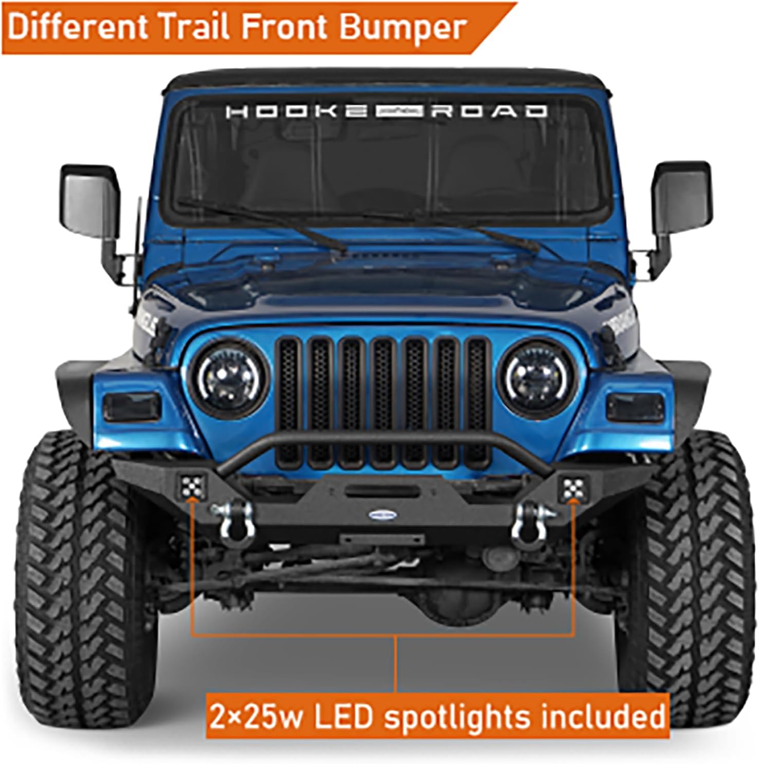 Hooke Road Wrangler TJ Front Bumper with Winch Plate & LED Lights & D-Rings for 1987-2006 Jeep Wrangler YJ TJ