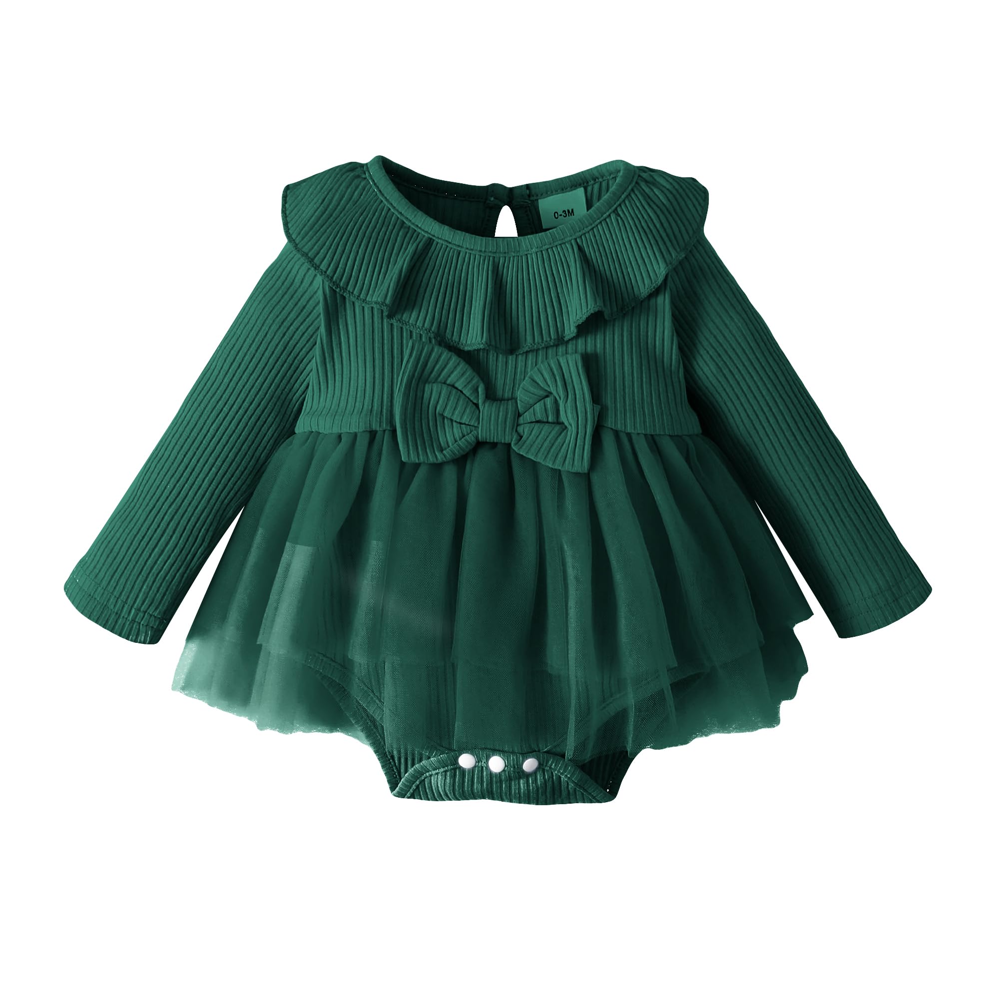 Infant Baby Girl Long Sleeve Sweater Romper Dress Toddler Ruffle Neck Fall Winter Clothes Newborn Christening Baptism Easter Tulle Tutu Dress Kids Flower Girl Wedding Outfit Emerald Green 0-3M