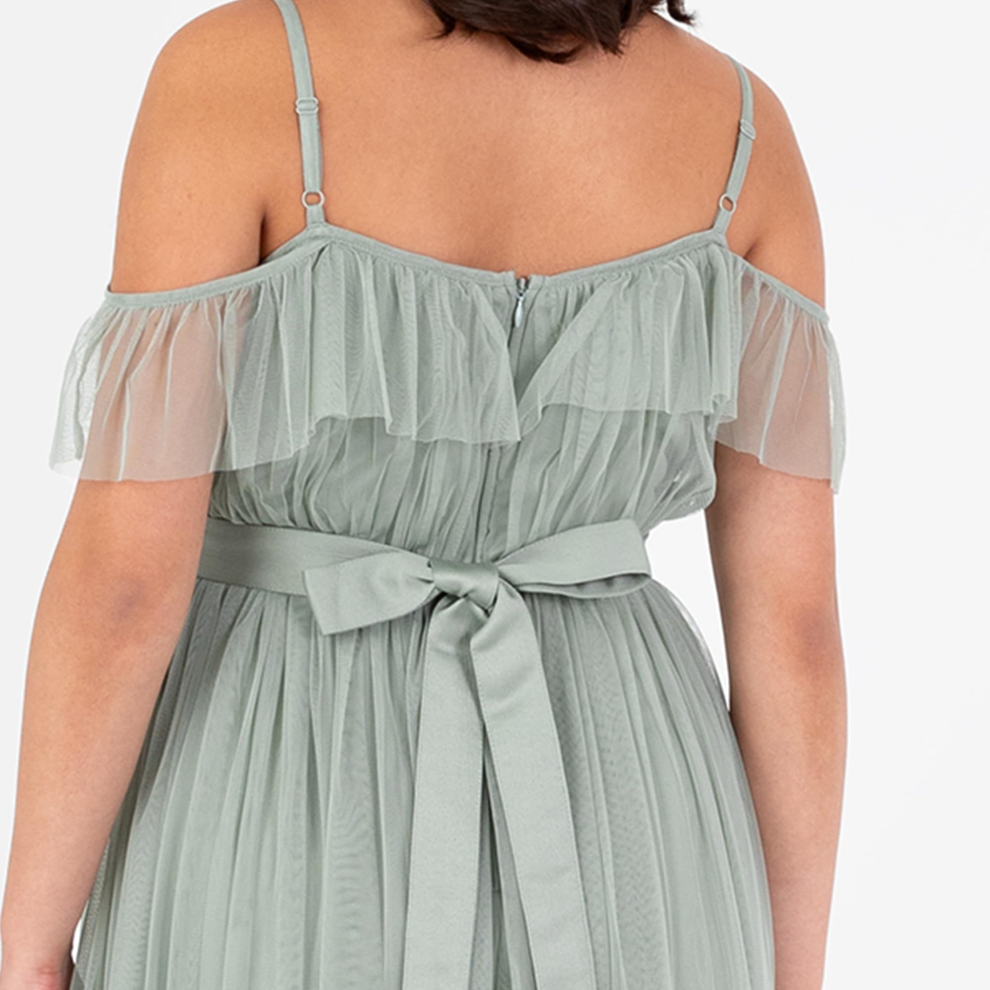 Anaya with Love Damen Women's Maxi Dress Ladies Sleeveless V-Neck Cold Shoulder Tulle Sash Tie Belt A-line Bridesmaid Wedding Guest Ball Gown Dress (1er Pack)