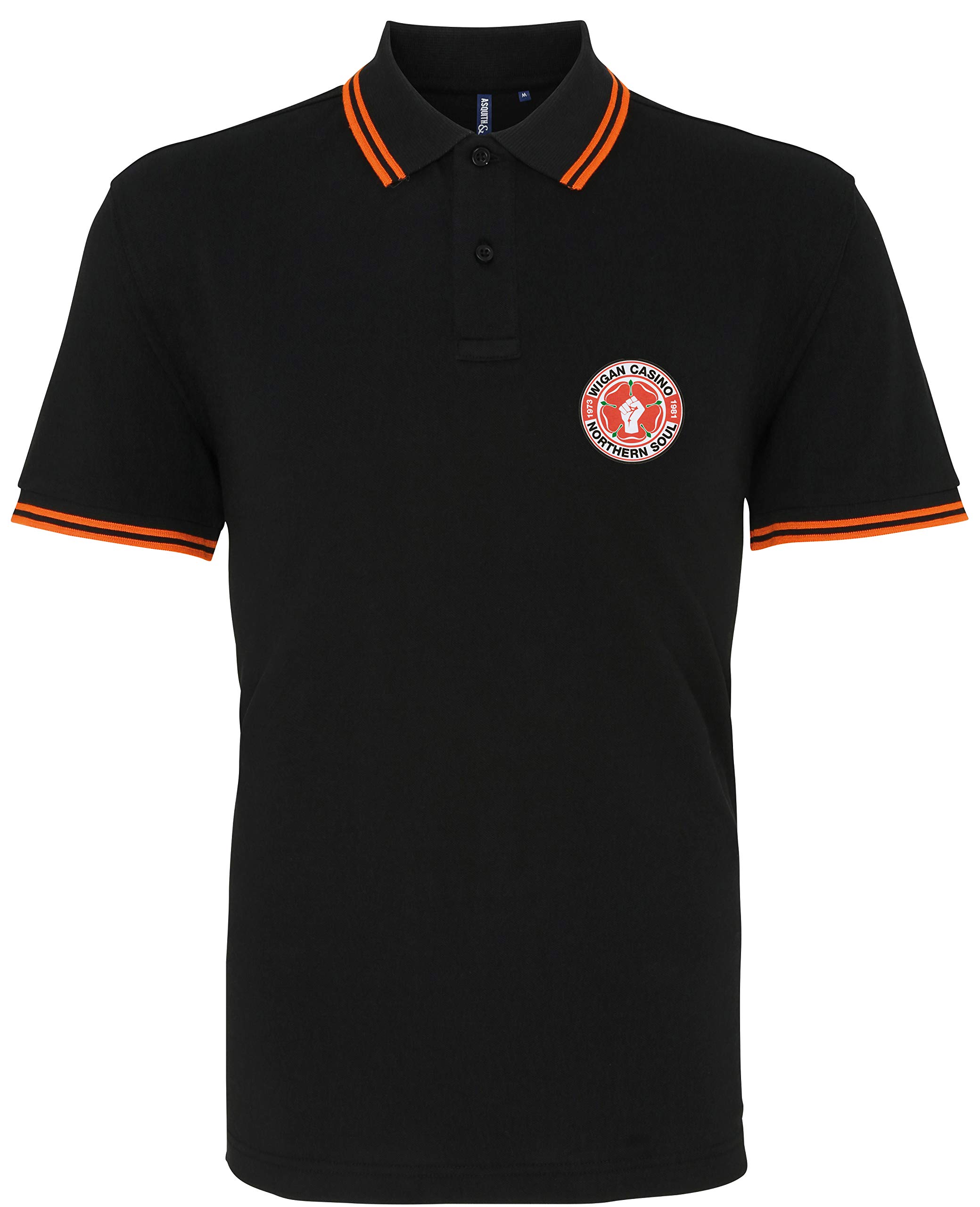 Productsave Men's Black/Orange Wigan Casino Northern Soul Keep The Faith Premium Polo Shirt Mod (Large, )