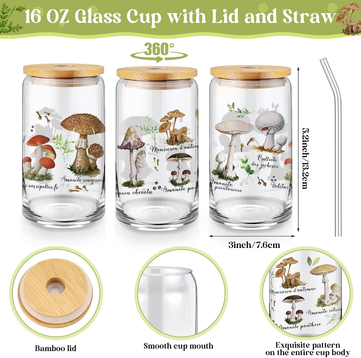 3 Pcs Plant Lover Gifts Spring Aesthetic Valentines Gifts for Women Mom Grandma, Floral Canvas Tote Bag, 16 oz Coffee Cup with Straw Lid, Makeup Bag for Baby Shower, Wedding(Black,Mushroom) - Image 3