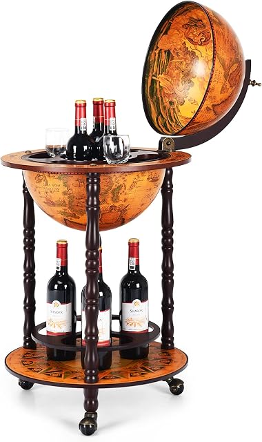 CASART 360MM/330MM Globe Drinks Cabinet with Casters, Movable Whisky Wine Spirits Cabinet, Vintage Alcohol Host Trolley, Home Restaurant Bar World Map Theme Wine Storage Stand (Brown, 360MM)