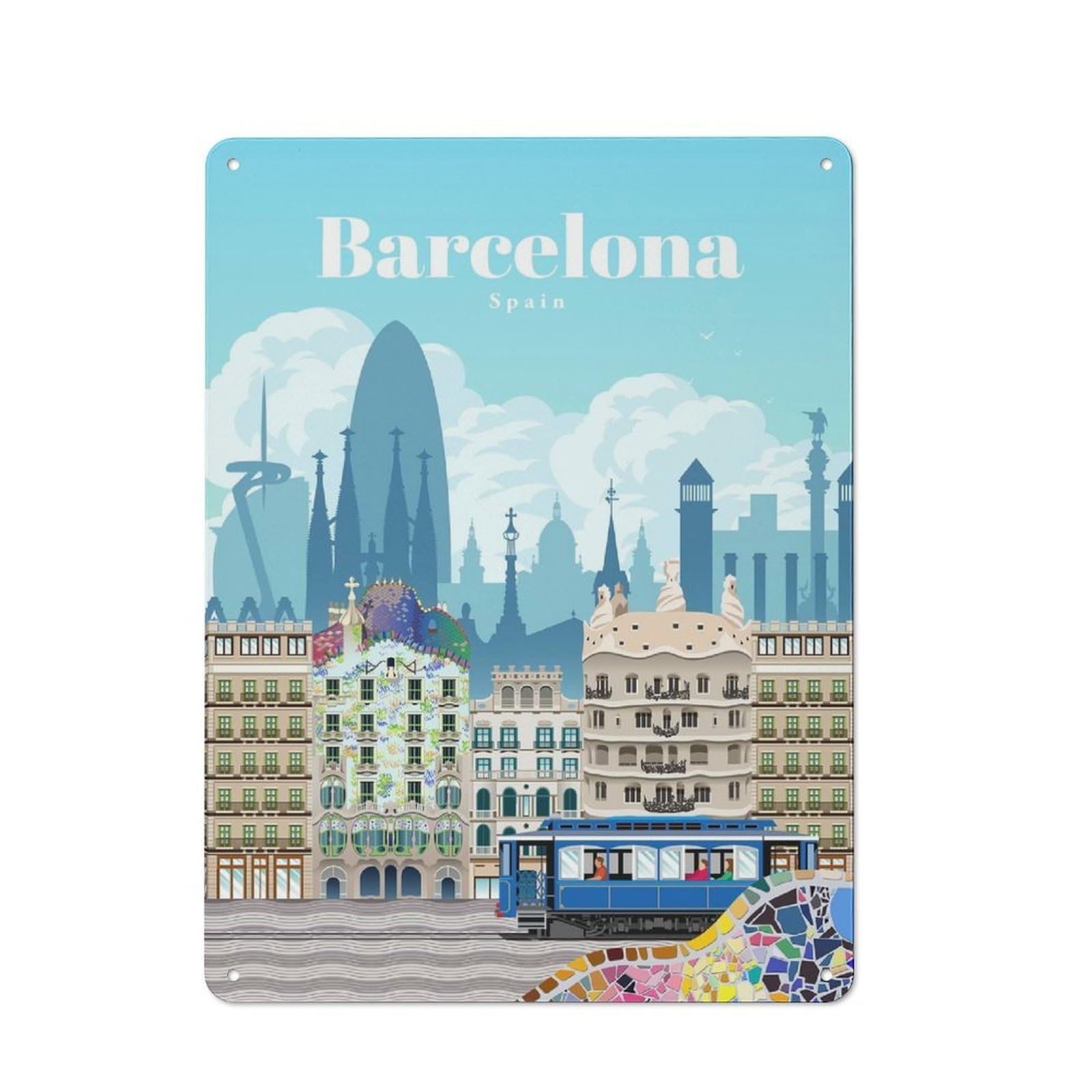 Junmoney Travel To Barcelona Metal Sign 40X30cm With For Workshop Wall, Rustic Decor, Wall Decoration For Workshops And Hobby Rooms