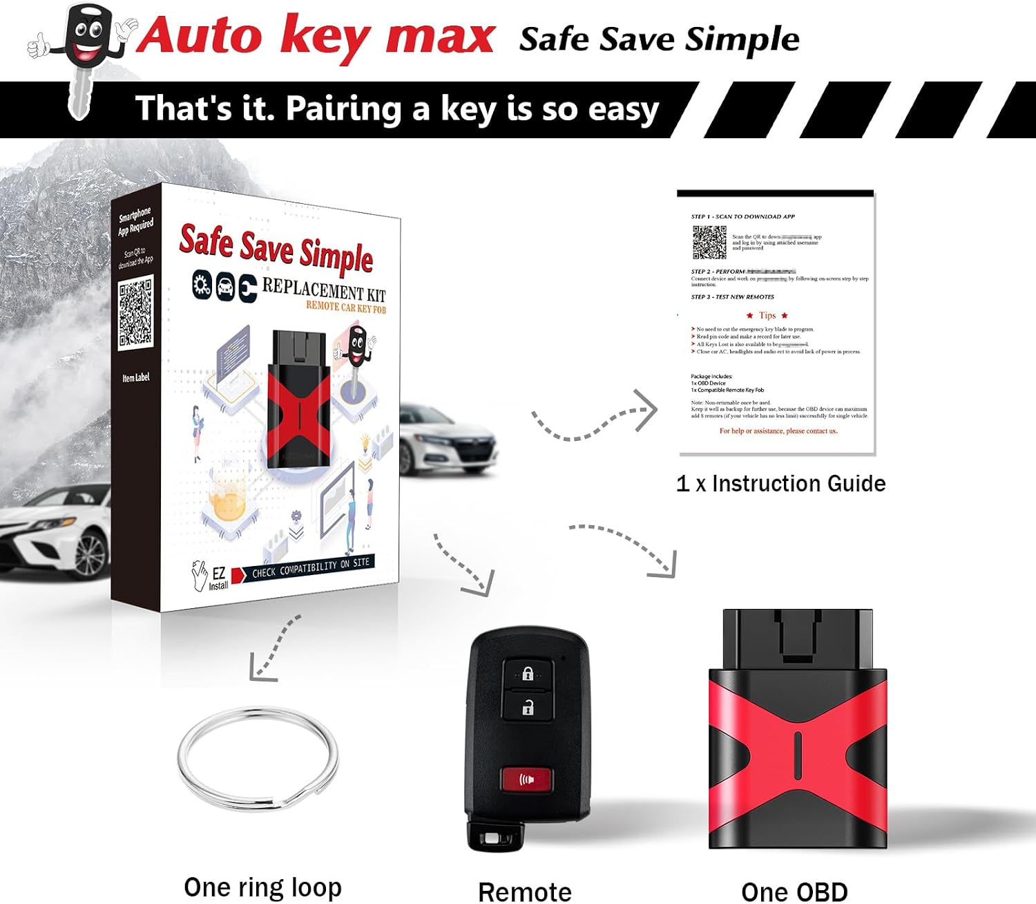 Programmable Keyfob, Replacement Car Keys Fob and DIY Programmer Kit for 2013 2014 2015 2016 2017 RAV4/Camry/Corolla/Tacoma/Tundra Smart Remote HYQ14FBA 281451-0020 (3 BTN Programmer Kit)