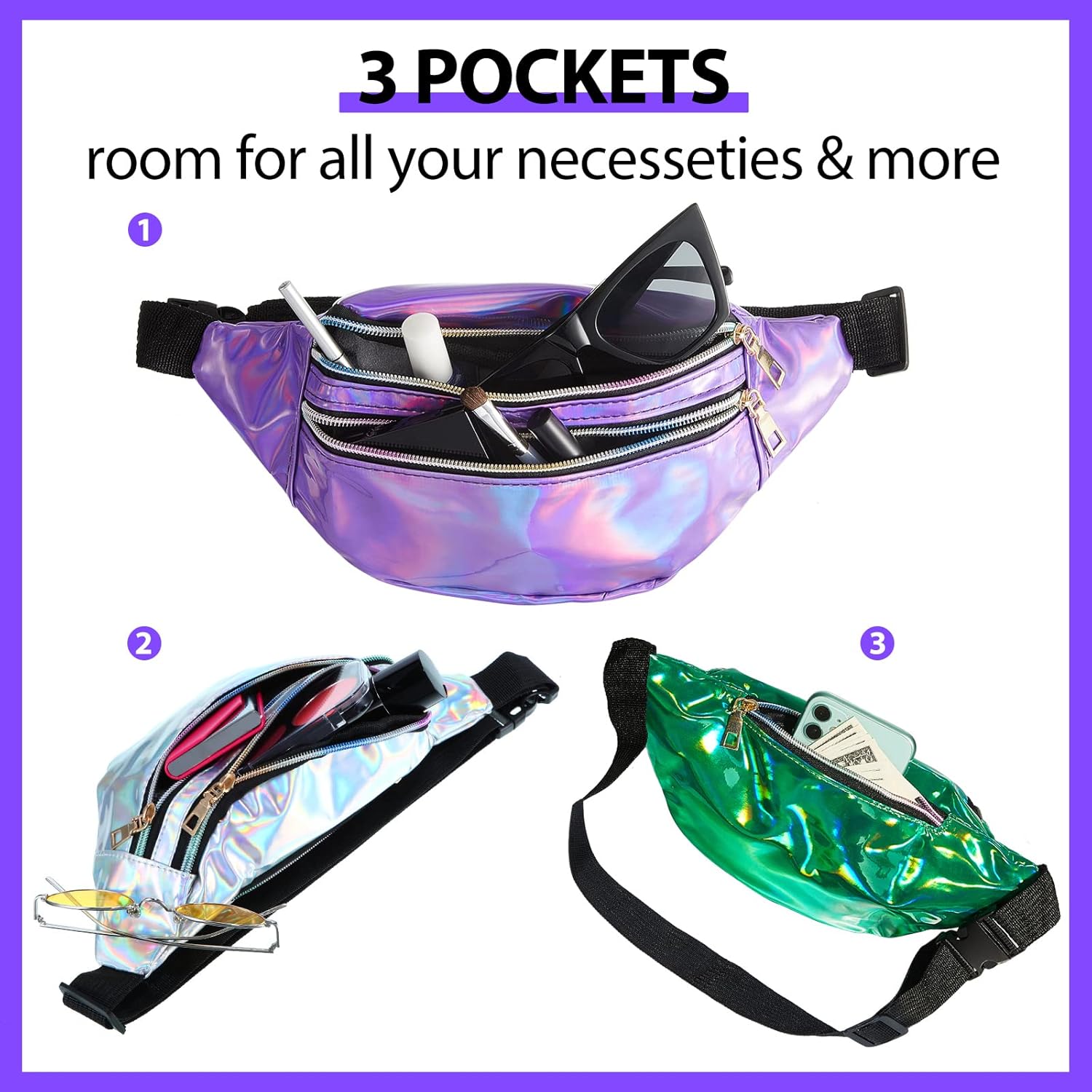 Tessco 20 Pieces Holographic Fanny Pack Bulk 80s 90s for Women Shiny Waist Pack Metallic Color with Adjustable Belt Activities, Stylish Style - Image 4