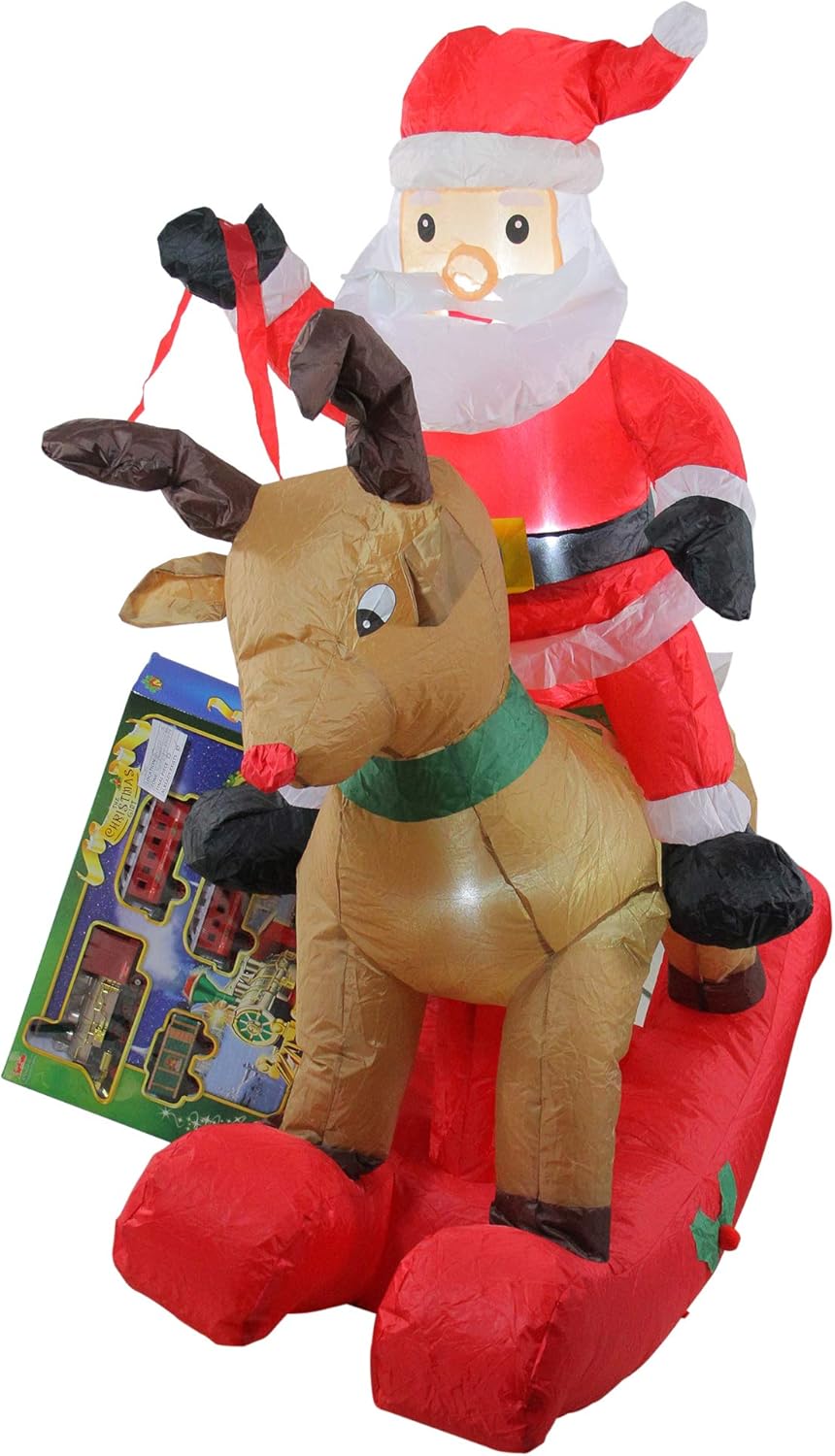 4.75' PreLit Red Inflatable Rocking Reindeer and Santa