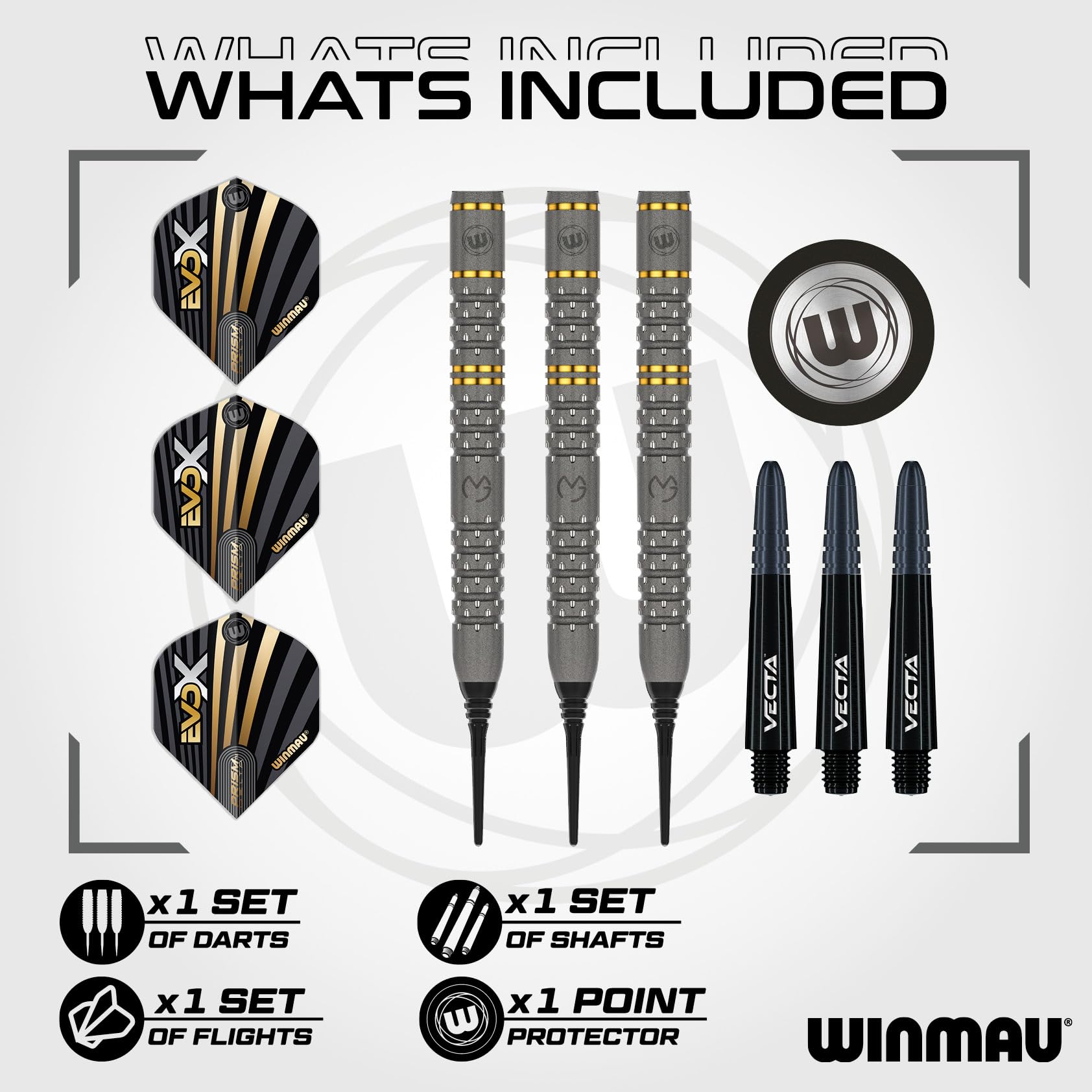 WINMAU – Michael Van Gerwen MvG - EvoX Set di Freccette Professionali con voli e steli per Freccette - Disponibile con Punta Morbida da 18 g, Peso Pieno da 20 g e Punta in Acciaio da 21g, 22,5g e 24g