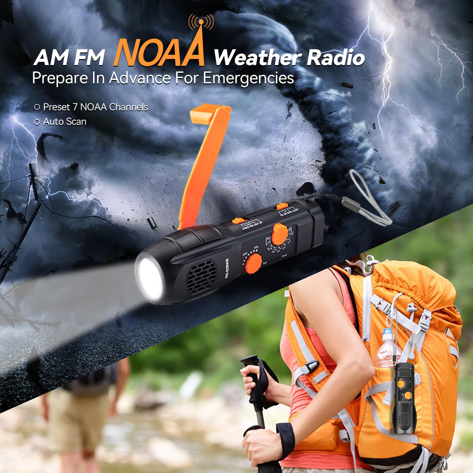 Radio d'urgence à manivelle, lampes de poche pour les urgences avec chargeur de téléphone portable, radio météo AM/FM/NOAA alerte météo et lampe de poche de survie SOS alarme