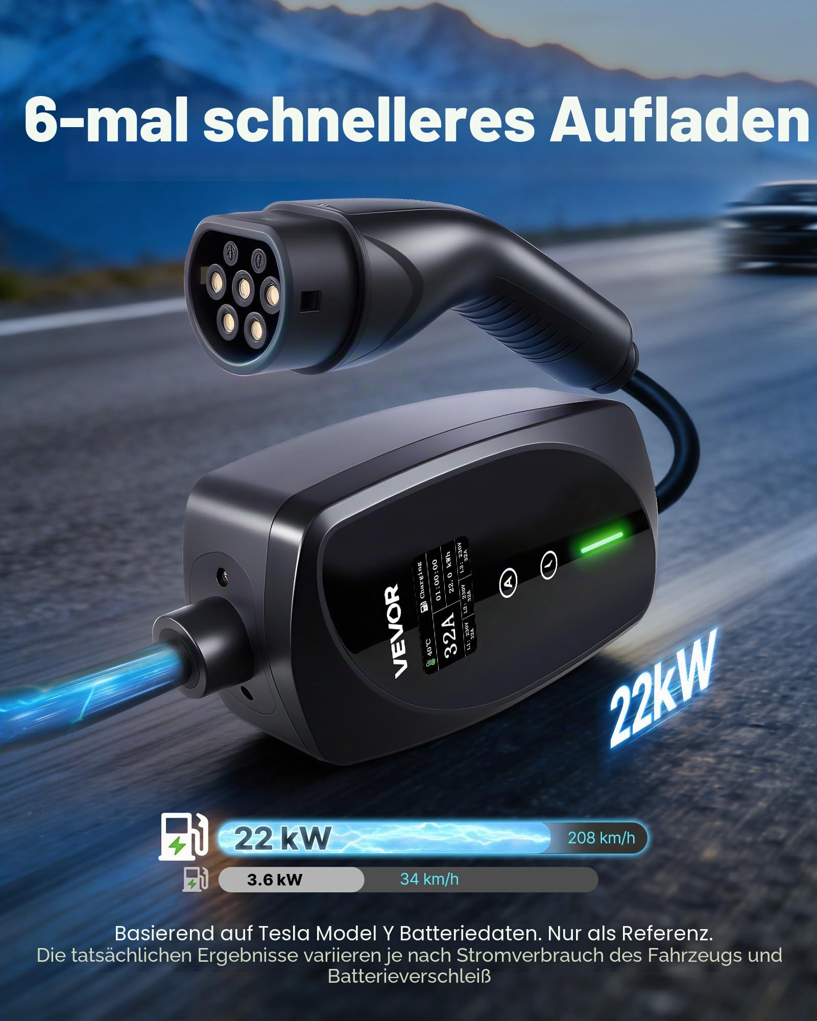 VEVOR Mobile Wallbox, 22 kW, 32 A, Typ 2 Ladestation für Elektrofahrzeuge, 3-Phasig-Ladegerät mit 7 m Ladekabel, CEE32-Stecker, LCD-Bildschirm, IP66-Steuerbox, für Elektrofahrzeuge
