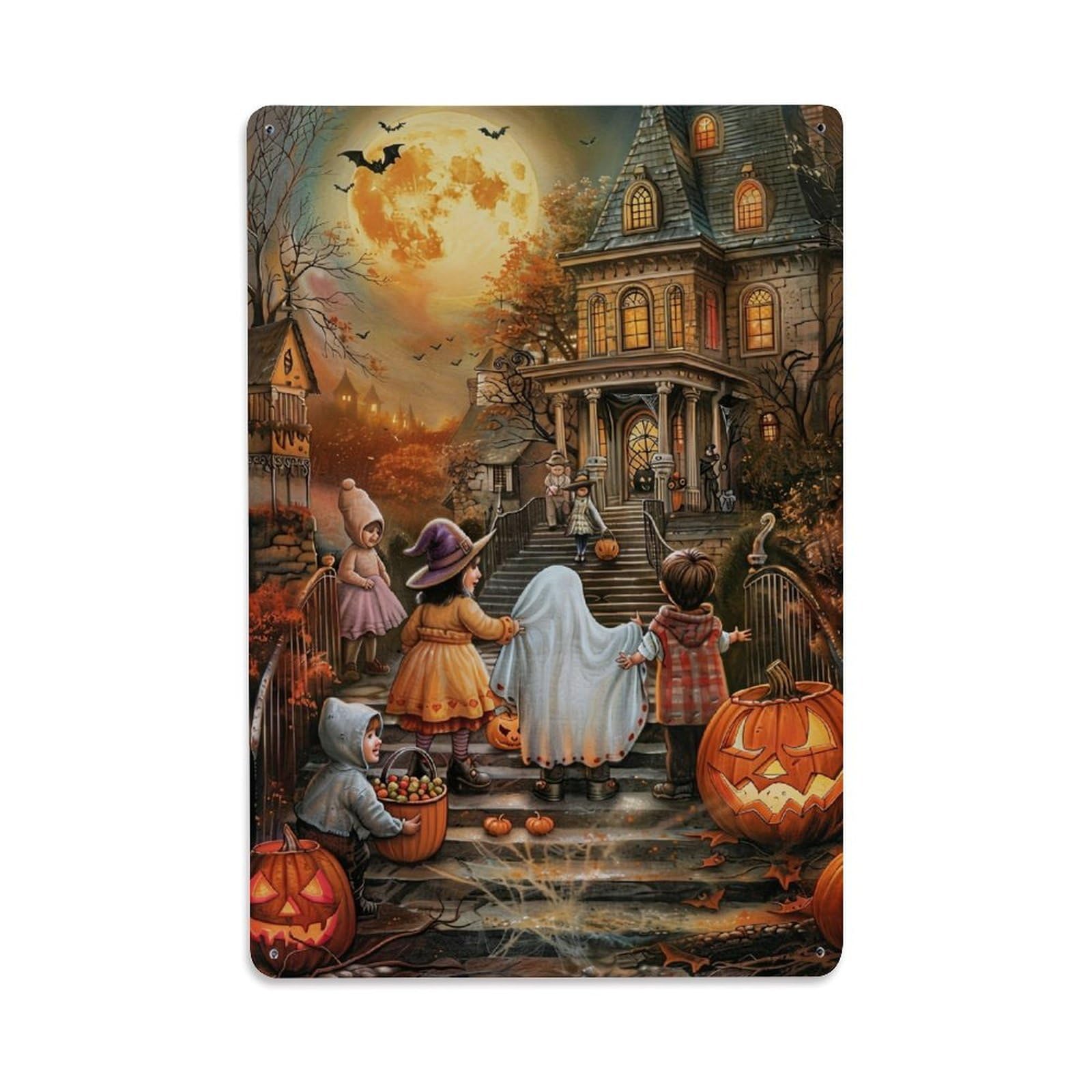 Jdfenggu Vintage Halloween Children House Moon Bats Retro Metal Tin Sign, Decor Art Poster For Bar, Home, Man Cave, Kitchen, Laundry Room Gift 8X12inch