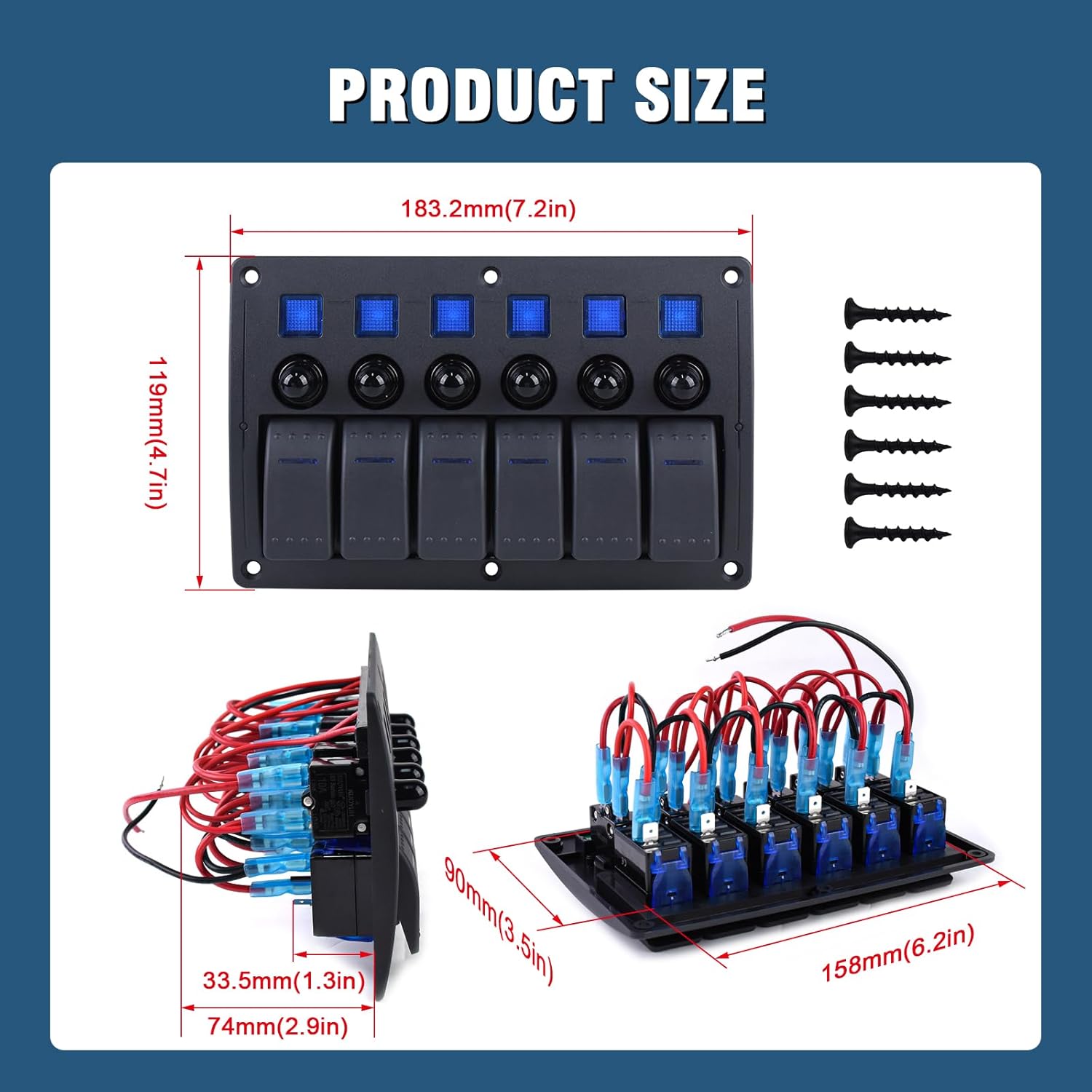 Marine Switch Panel Waterproof,Boat Switch Panel with Breakers,12V/24volt Rocker Switch Panel 3PIN On/Off Blue LED Light with Circuit Breaker 6gang 10A for Car RV UTV Truck