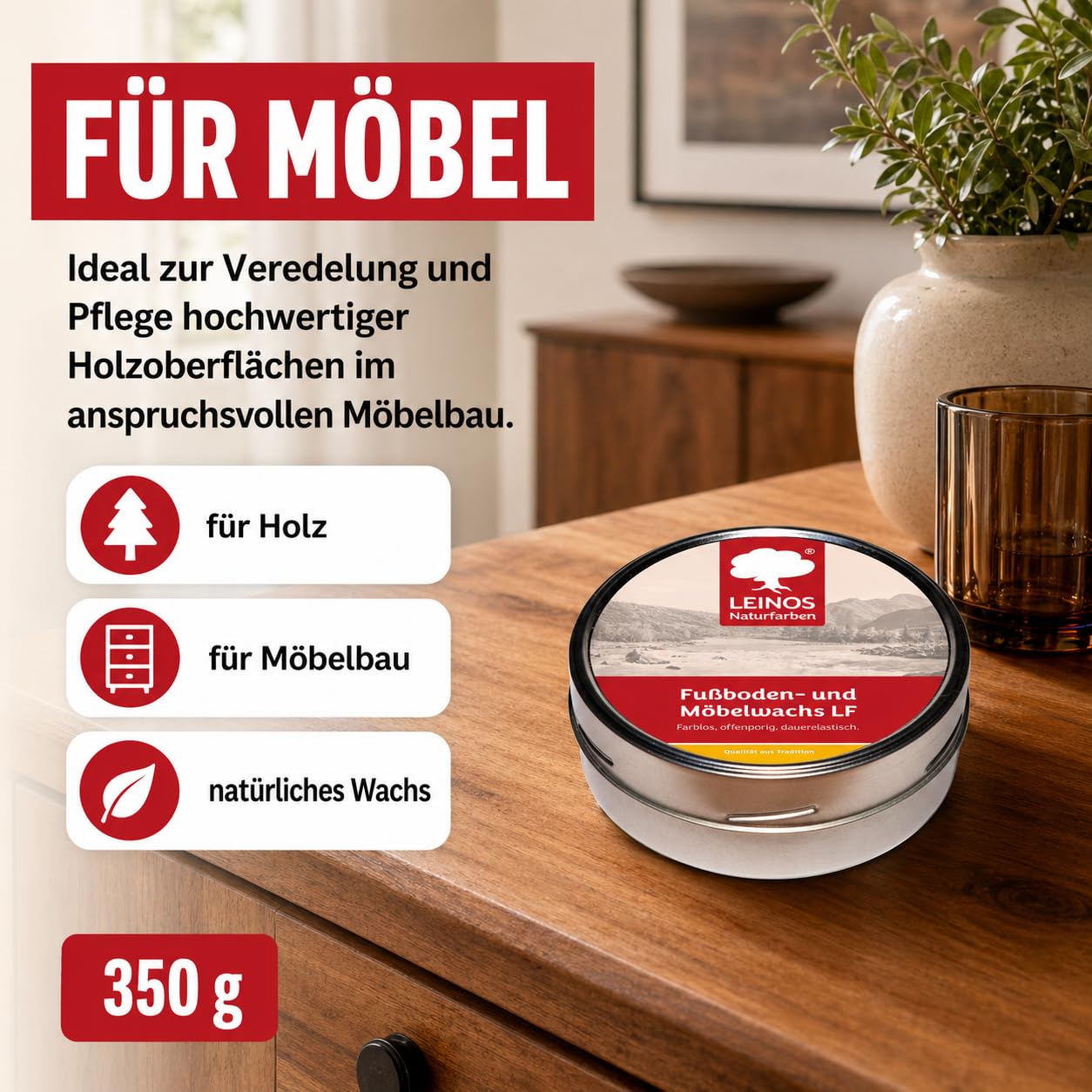 LEINOS Fußboden- & Möbelwachs LF 310 | 350 gramm Natürliches Hartwachs für Innenbereiche | Atmungsaktiver Schutz für Holz, Kork, Tonfliesen | Reines Naturwachs mit Bienen- & Carnaubawachs