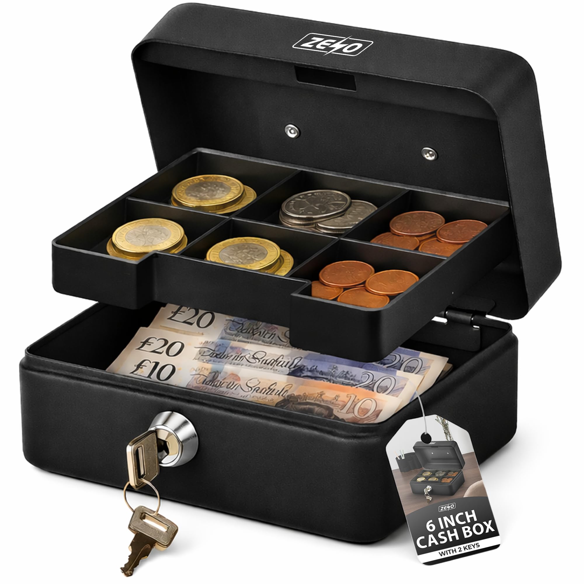 ZENO Cash Box | Money Tin | Steel Metal Money Safe Box | Durable Petty Cash Deposit Tin Holder | With Lock | 6 Compartments Coin Tray | 2 Keys | Black