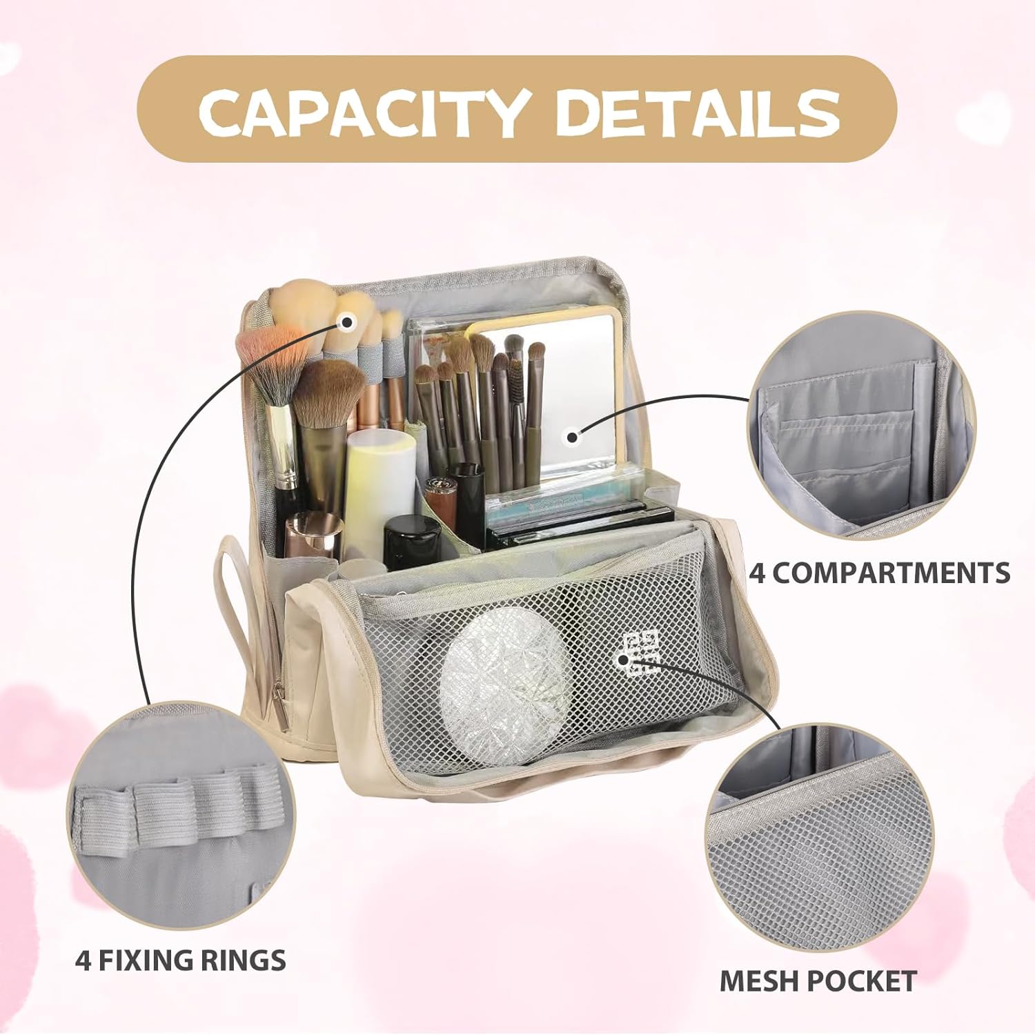 Large Capacity Standing Makeup Bag for Travel, Foldable Hanging Toiletry Organizer with 3 Storage Layers & 8 Inner Pockets, Portable Cosmetic Case for Women (Beige) - Image 2