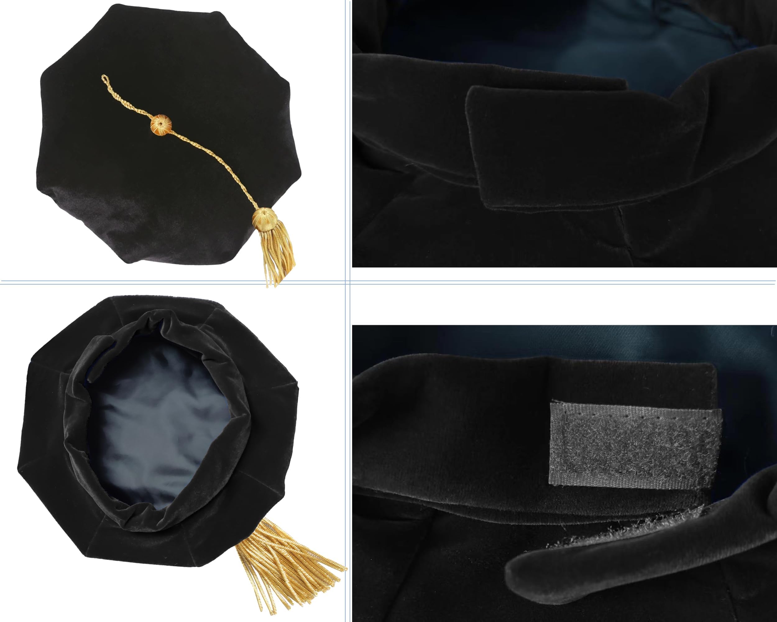 Vestido de graduación de doctorado unisex de lujo y paquete de 8 lados con ribetes dorados