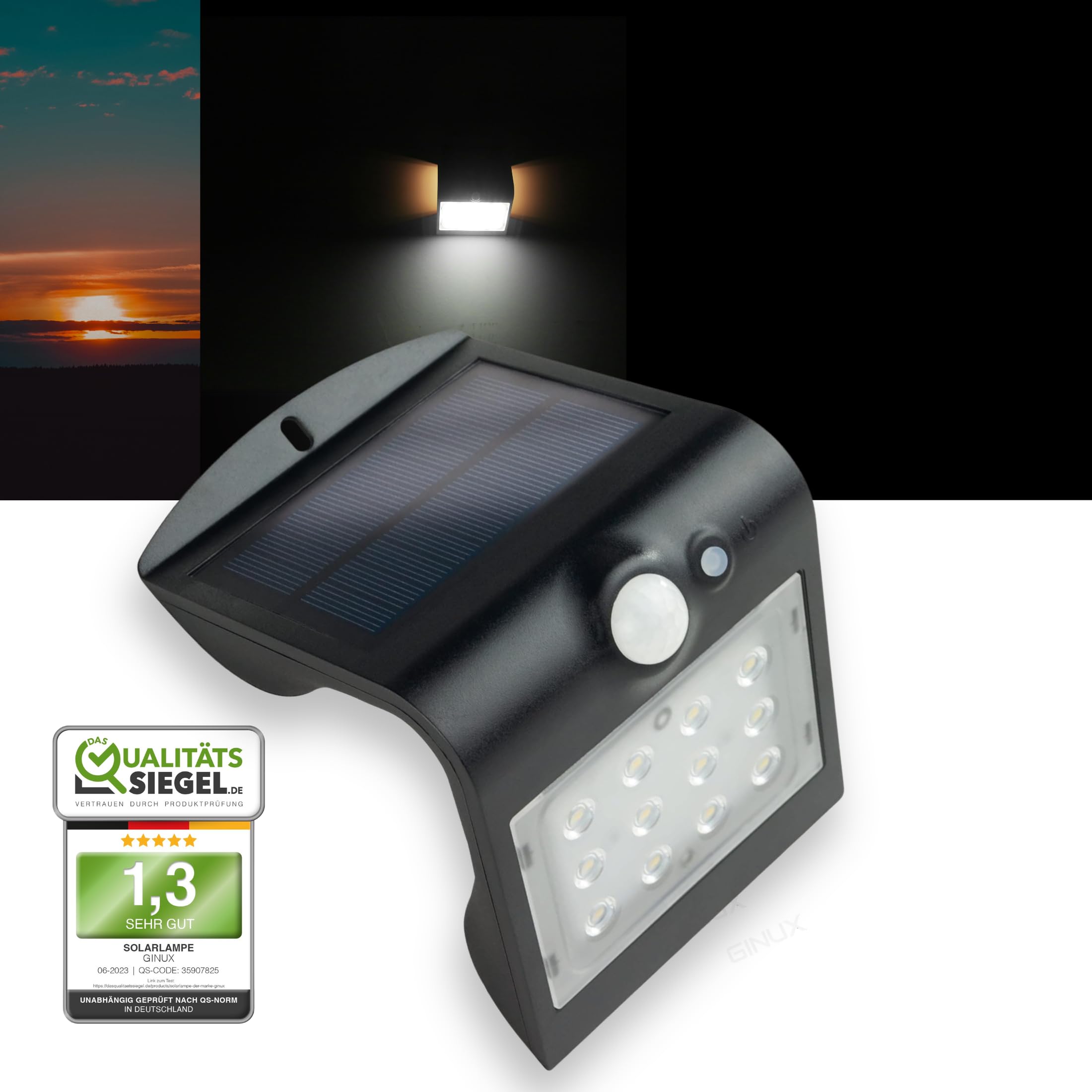 GINUX Solarlampe Außen mit Bewegungsmelder – Elegante Solarleuchte mit Dekorativer Hintergrundbeleuchtung 12 - LED | 220LM, Austauschbarer Akku, IP65 Wetterfest & Deutscher Support (15W Schwarz)