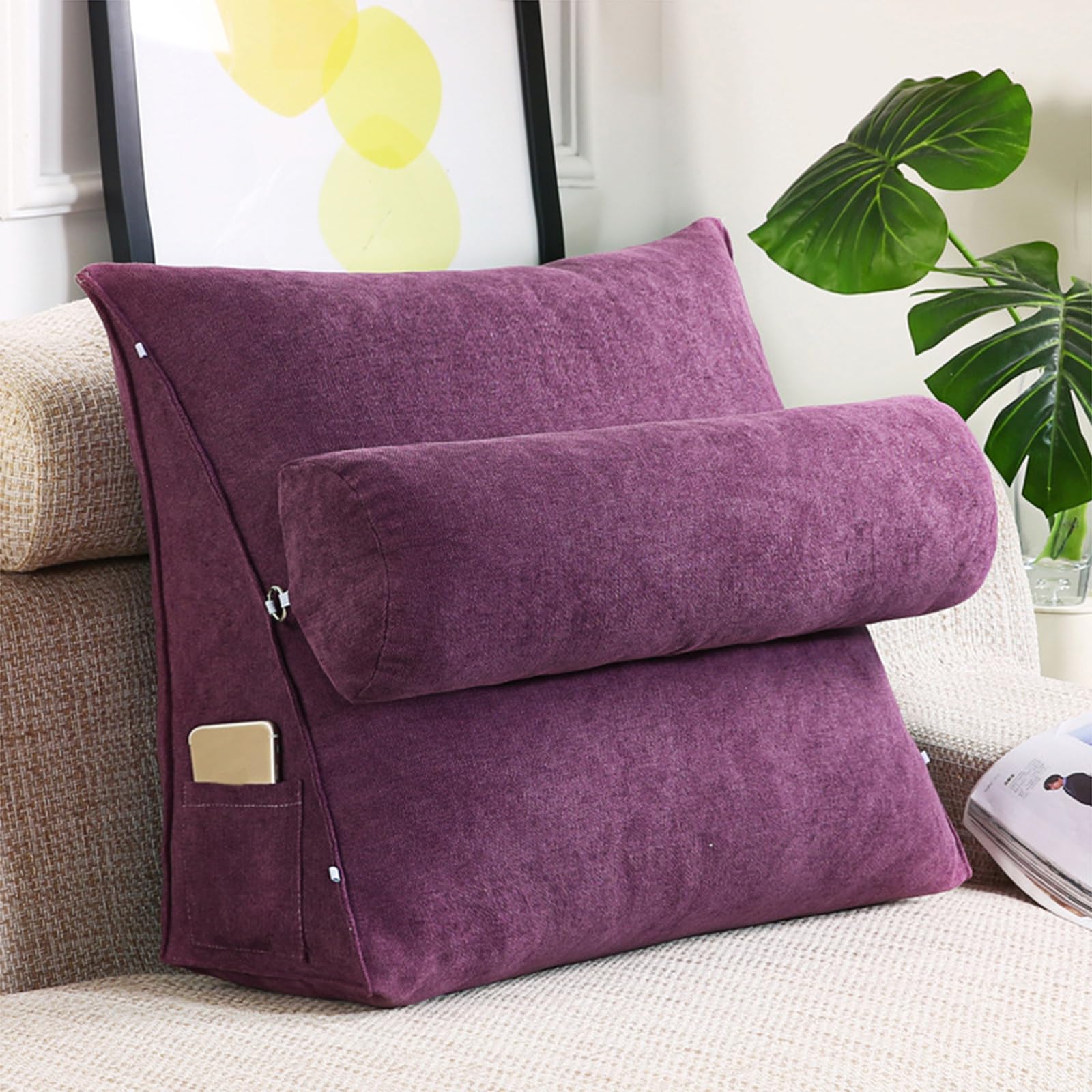 Cojín De Lectura Ajustable, Almohada De Lectura De Cuña para Cama, Almohada Triangular para Sofá, Cojin Lectura,Almohada Cuña,Almohada De Lectura para La Cama,Cojín Lumbar,Púrpura,45 * 45 * 20cm