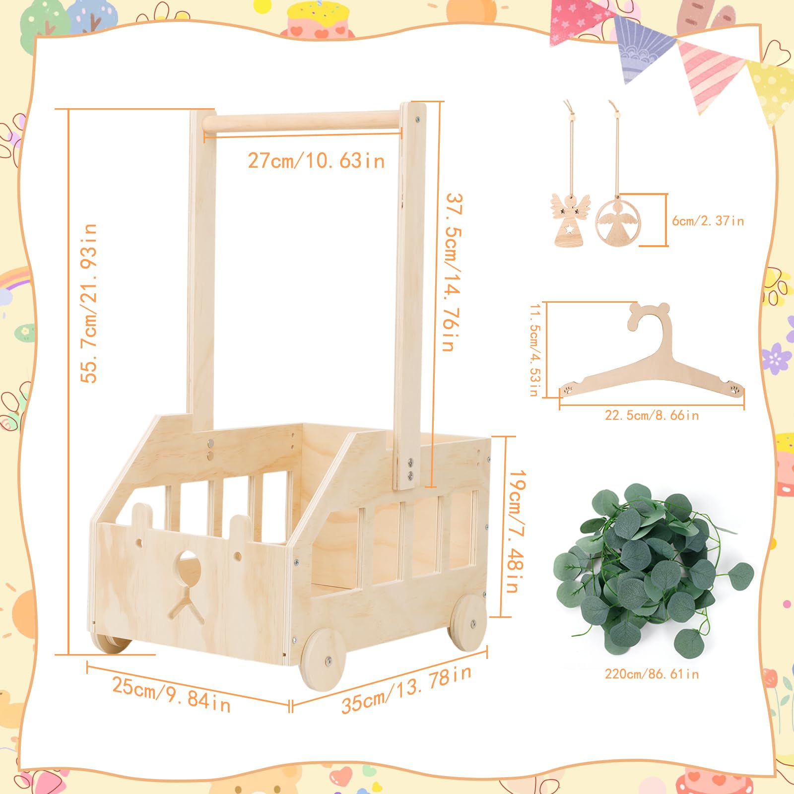 Wooden Baby Basket Cesto Baby Shower con Manico Cestino in Legno per Baby Shower con Ruote Cesta Giochi Bambini in Legno Cesto Portagiochi Bambini con Tag e Appendiabiti Cesto Nascita Bimba