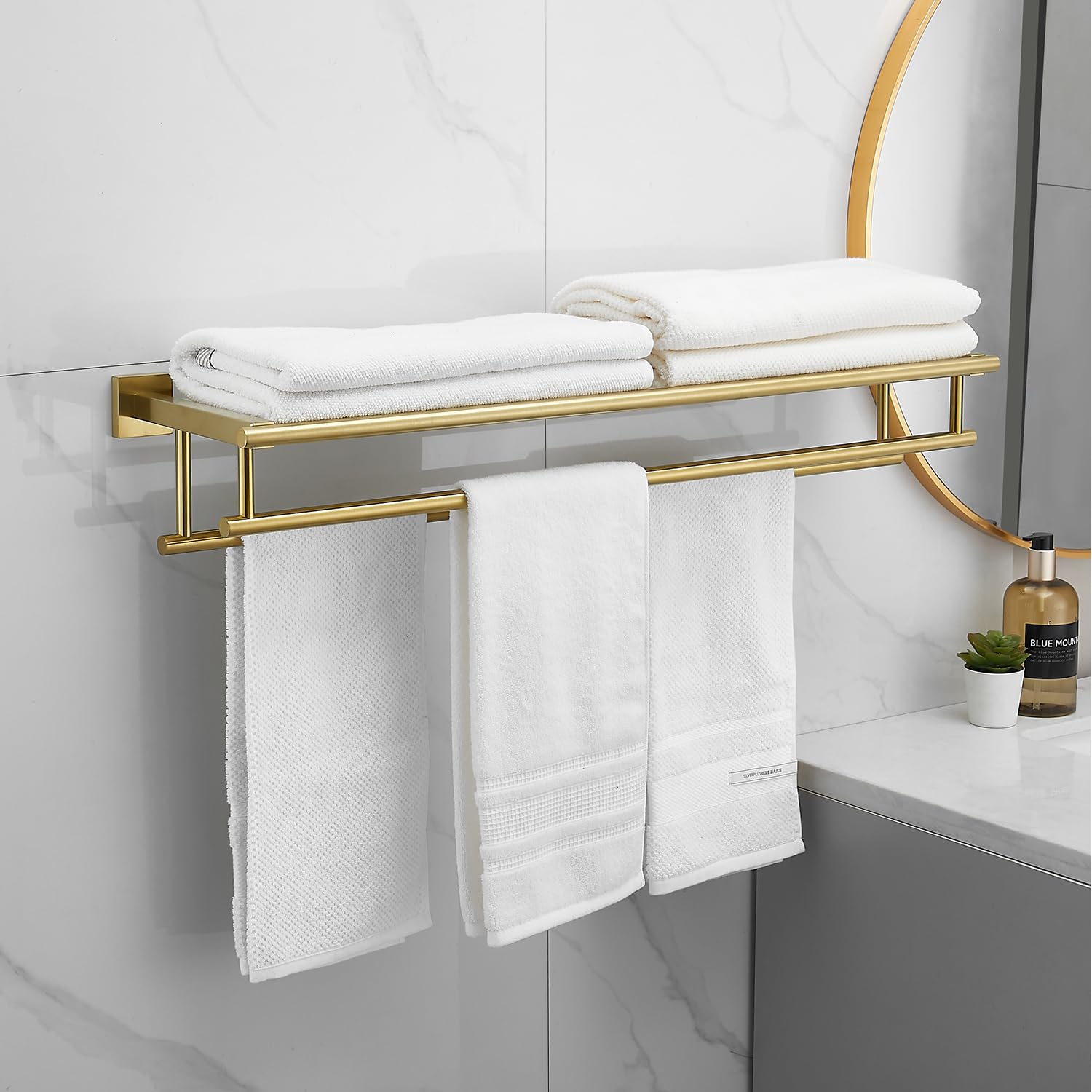 RTCUL Towel Rack for Bathroom 32 Inch Wall Mounted Towel Rack Brushed Gold Towel Shelf with Double Towel Bar SUS304 Stainless Steel Towel Holder for
