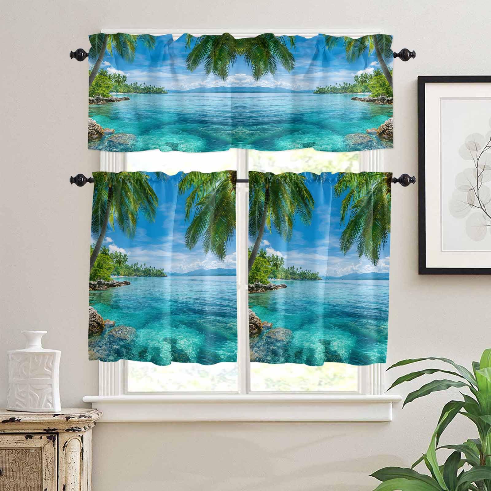 Ocean Kitchen Curtains 36 Inch Length, 3 Piece Rod Pocket Small Half Tiers and Valance Set, Blue Sky Palm Tree Beach Scenery Forest Shore Small Large Window Treatment Decor for Bedroom/Bathroom Sink