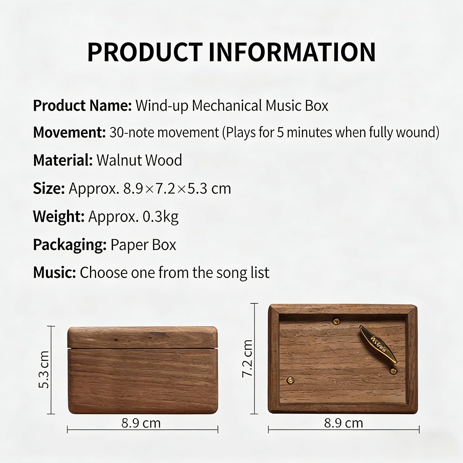 Youtang Walnut Wood Box for 30-Note Windup Music Box – Empty Wooden Case Only, Compatible with Standard 30-Note Mechanical Movements, DIY Music Box Kit, Display or Gift Box