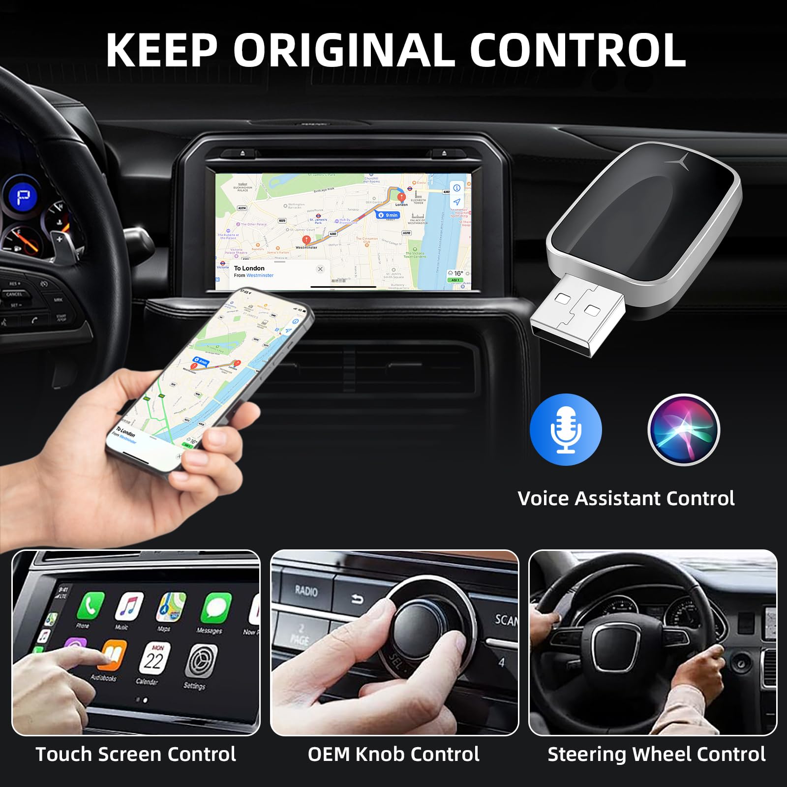 Wireless CarPlay Android Auto 2in1 Adapter, Plug and Play, für Autos mit kabelgebundenem CarPaly und Android Auto, unterstützt iOS 10+ & Android 11+ (Unidirektional Ende-075)