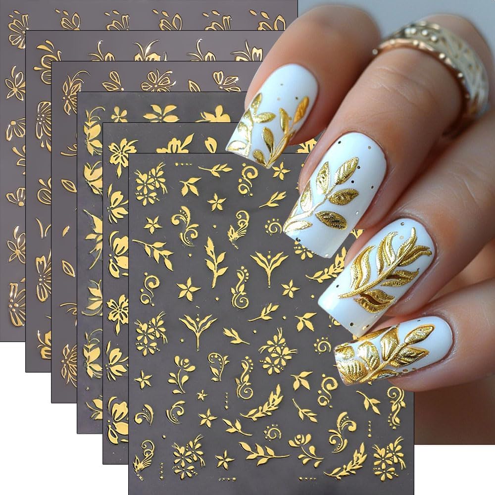 Floral Nail Art Stickers 3D Self-Adhesive Gold Flowers Leaves Nail Decals 6Pcs Nail Stickers Gold Flowers Leaves Nail Art Supplies for Women Acrylic DIY Manicure Spring Nail Decor