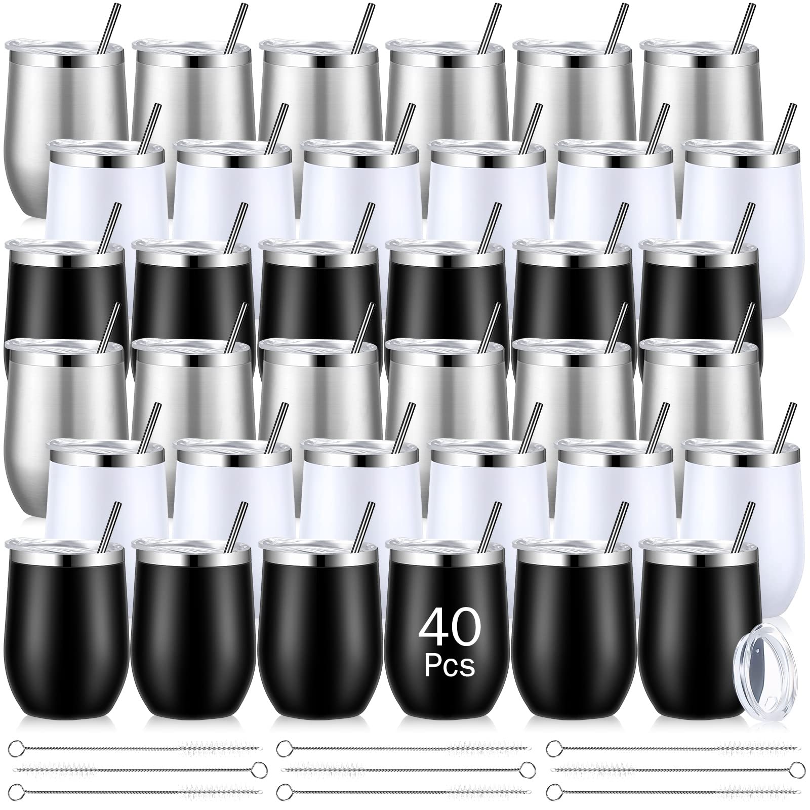 40 Pack Insulated Wine Tumbler 12 oz Stainless Steel Wine Glasses Bulk with Lids Straws Double Wall Vacuum Cups Stemless Coffee Cup Valentine's Day Gift for Coworker Lover(Black, White, Silver)